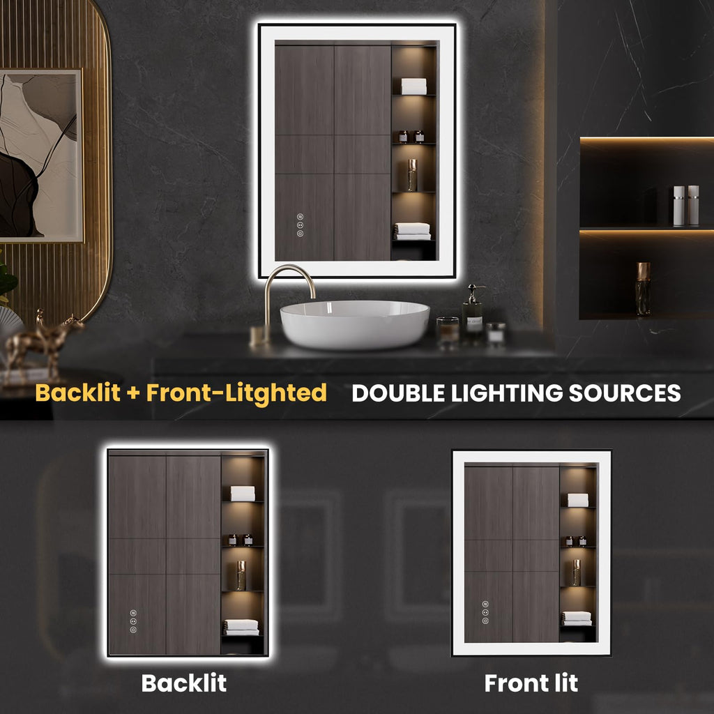 LOAAO 20"X28" LED Bathroom Mirror Black Framed | Anti-Fog, Dimmable, Memory Function, Tempered Glass, Lighted Vanity Mirror for Wall