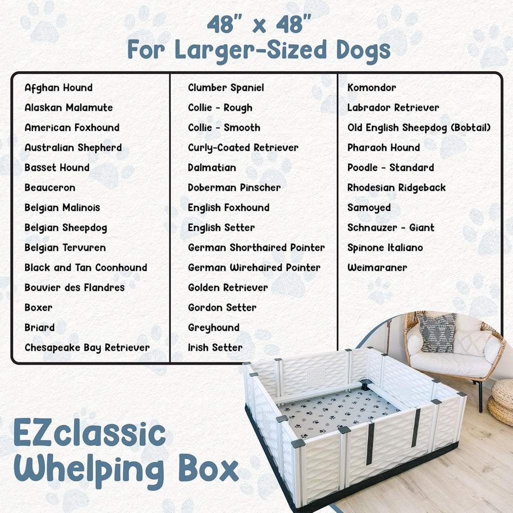 EZwhelp EZclassic Windowed 48"x48"x18" Whelping Box with Rails and Windowed Walls, Padded Dog Whelping Box, Black Pad