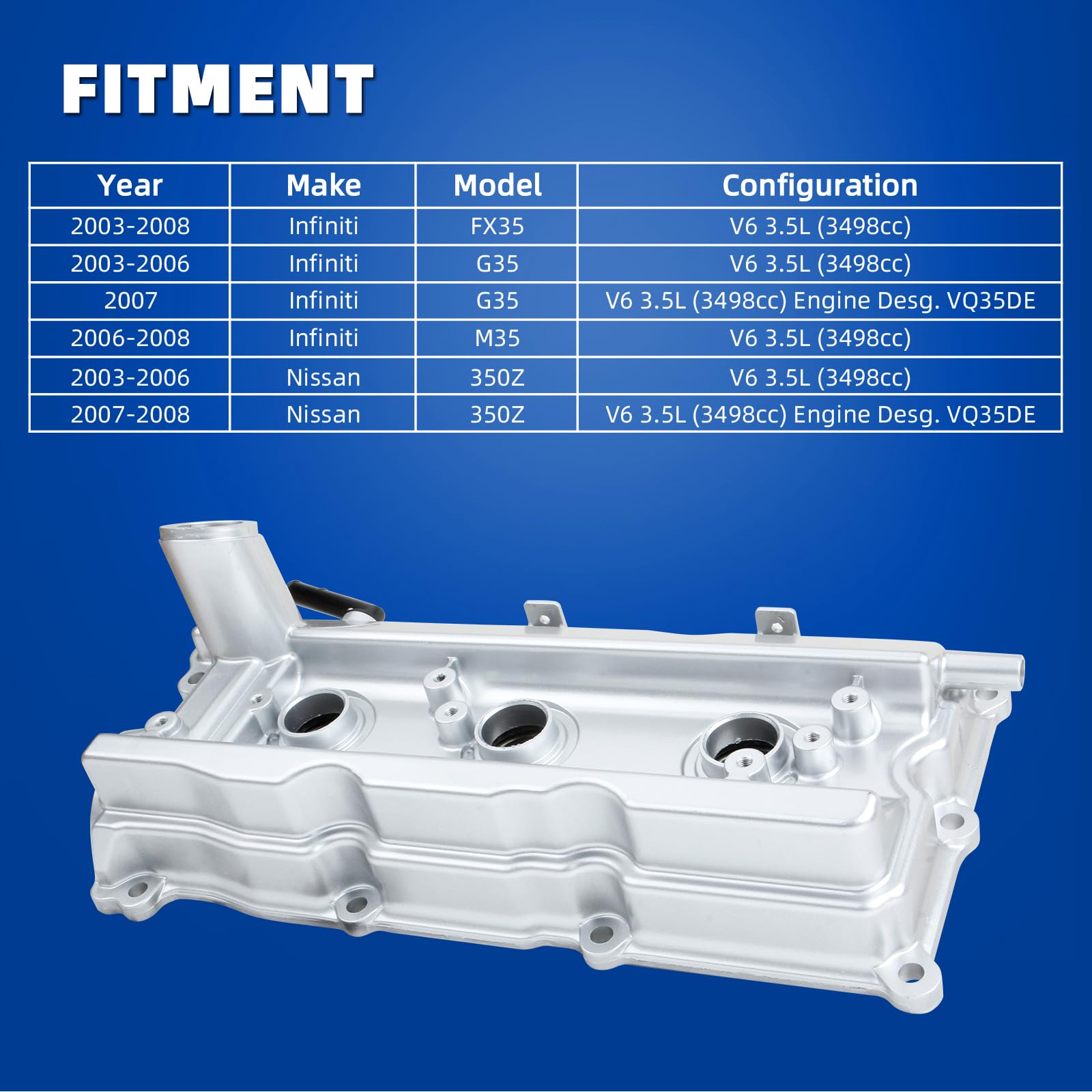 MITZONE Engine Valve Cover Set with Bolts & Oil Cap & Gaskets & Spark Plug Tube Seals & P CV Cover Compatible with 2003-2008 Nissan 350Z Infiniti FX35 G35 M35 VQ35DE 3.5L Part# 13264AM600 13264AM610
