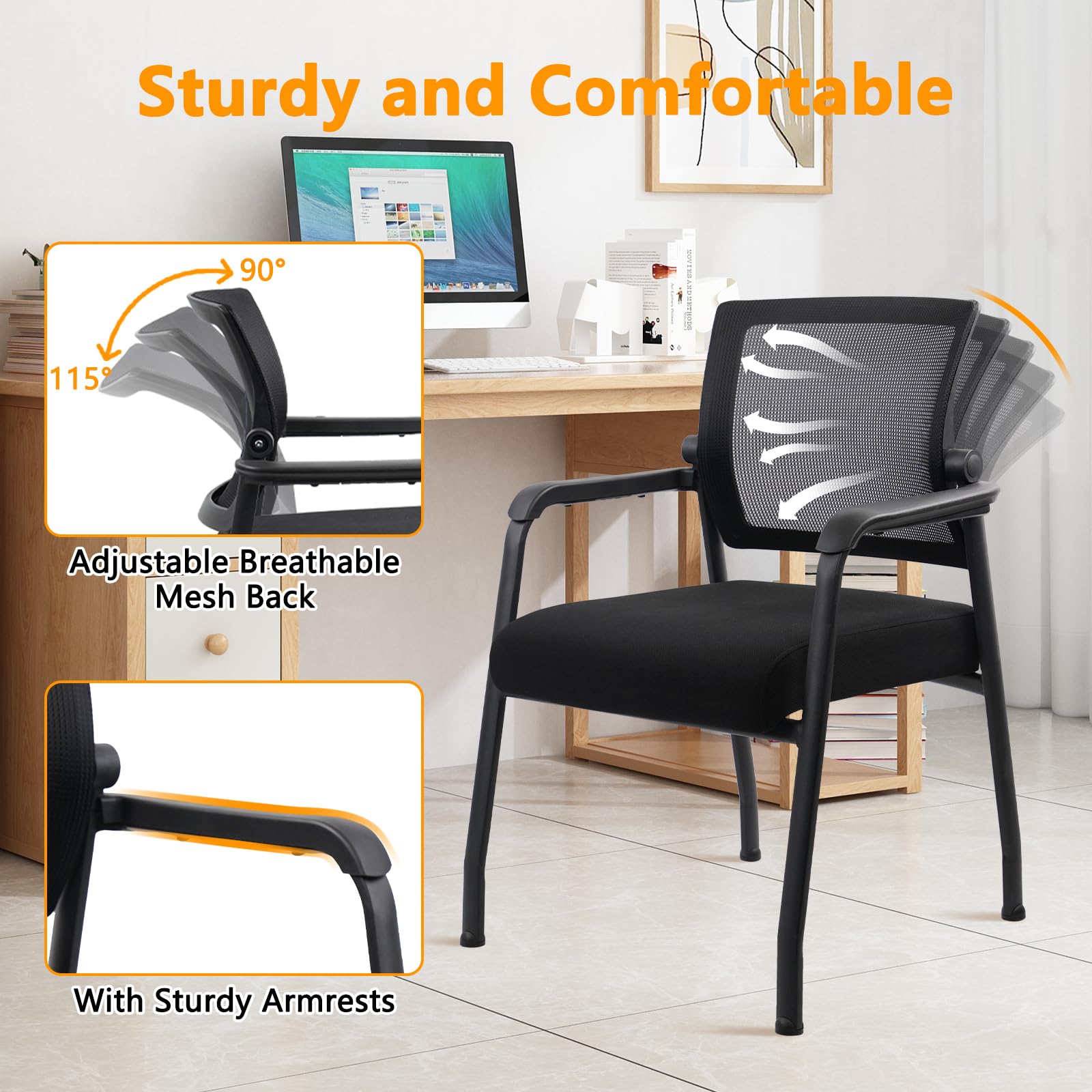 KLASIKA Desk Chair No Wheels with Adjustable Mesh Backrest, Arm Chair with Ergonomic Lumbar Support and Thickened Seats Cushion, Waiting Room Chairs for Office School Church Guest Reception