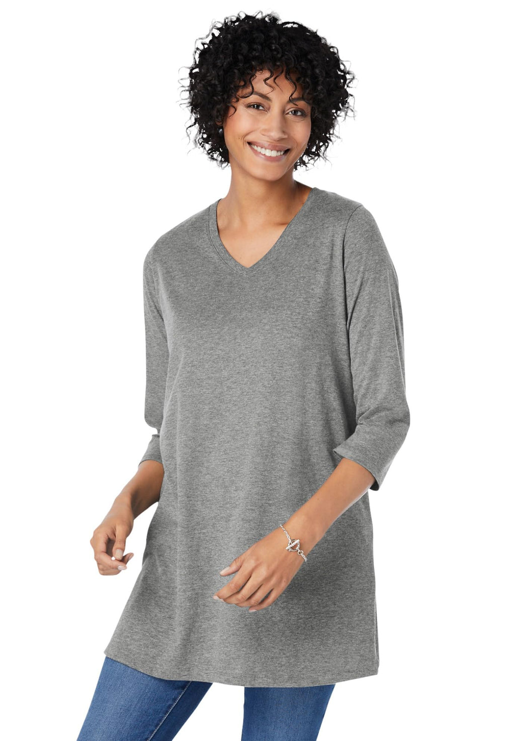 Woman Within Plus Size Perfect Three-Quarter Sleeve V-Neck Tunic