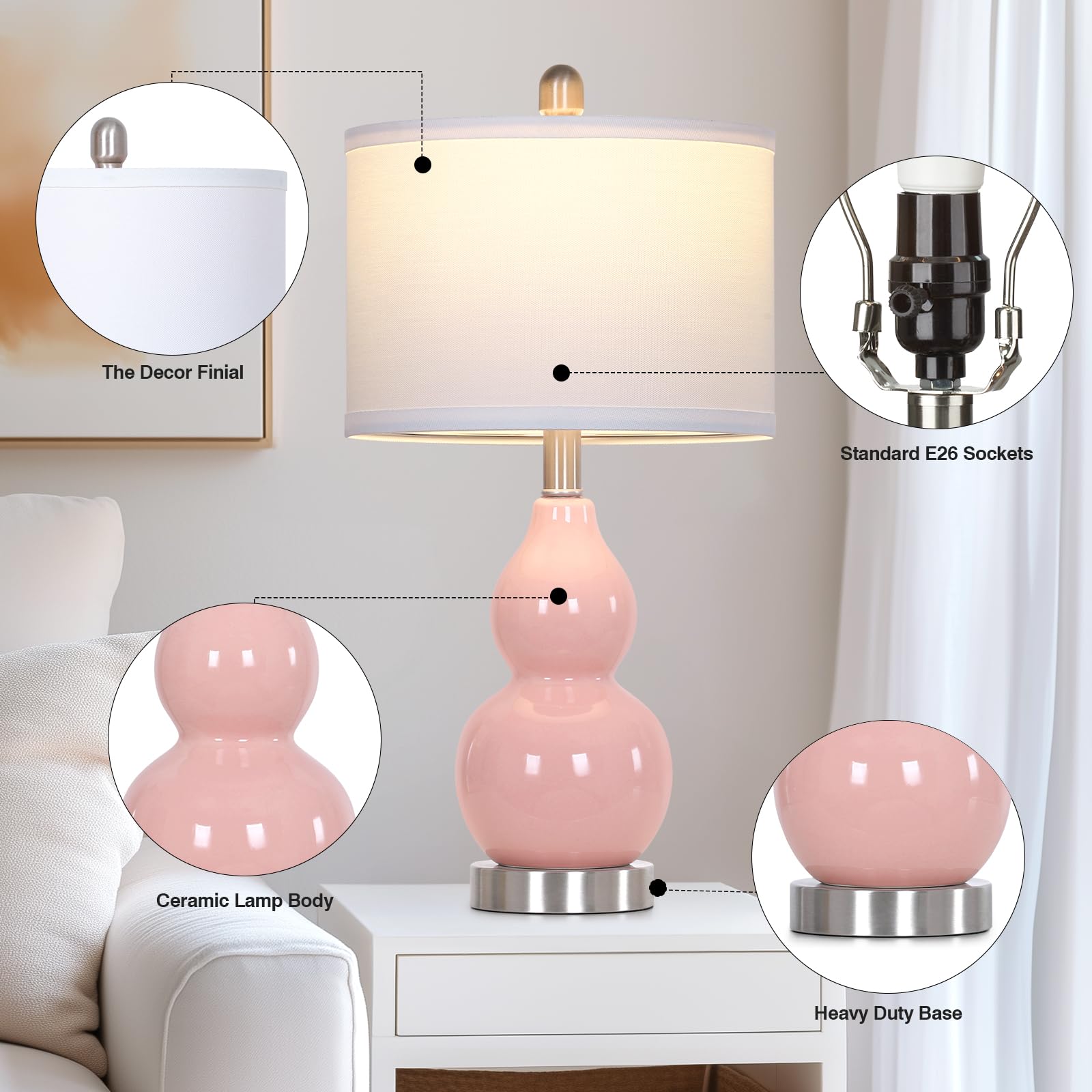 Rinweey Double Gourd Ceramic Table Lamps Set of 2, Modern Blue Bedside Lamps for Night Stand, Contemporary Nightstand Lamps for Bedroom Living Room (Bulb Included)