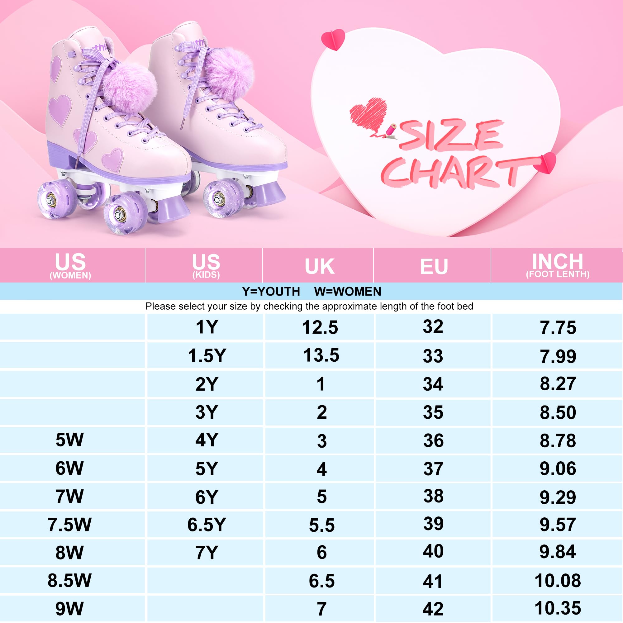 Ruthfot Women's and Girl's Classic Roller Skates with Light up Wheels and Love Heart Pattern, High-top PU Leather Rollerskates…
