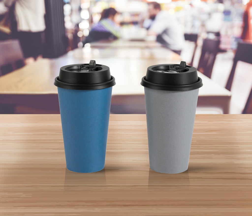 LITOPAK 100 Pack 10 oz Disposable Paper Coffee Cups with Lids for Coffee, Water, Juice, or Tea, Blue and Gray Hot Paper Cups for Home, Restaurant, Store, and Cafe