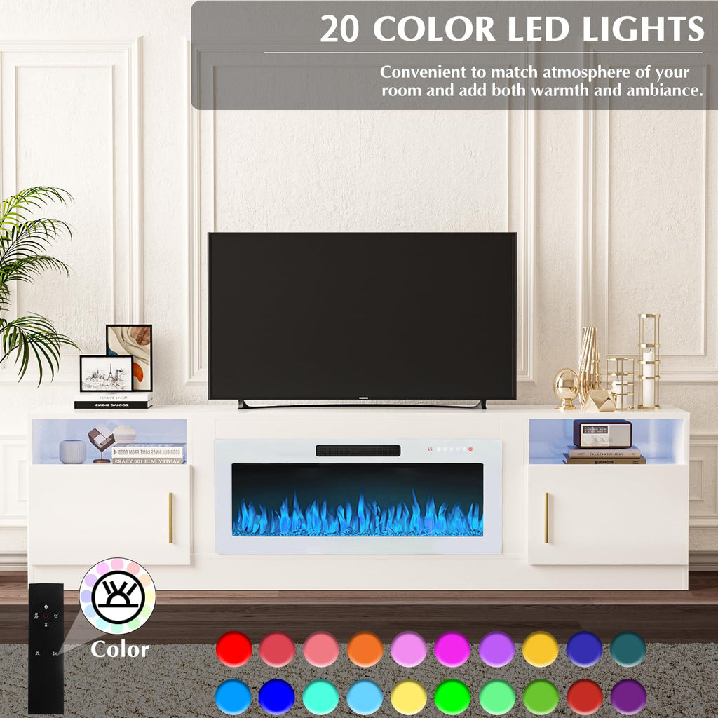 VITESSE 58 Inches Fireplace TV Stand for TVs up to 65 Inches Console with 18'' Electric Fireplace & Remote,Wooden Modern Entertainment Center for Living Room with LED Light Glass Shelves（Bei）