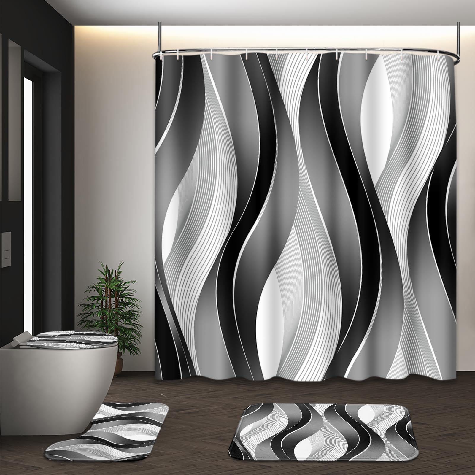 Beige Geometric Shower Curtain Set with Toilet Lid Cover and Non-Slip Rugs for Bathroom, Black Grey White Checkered 4 Pcs Shower Curtain, Modern Abstract Bathroom Set with 12 Hooks