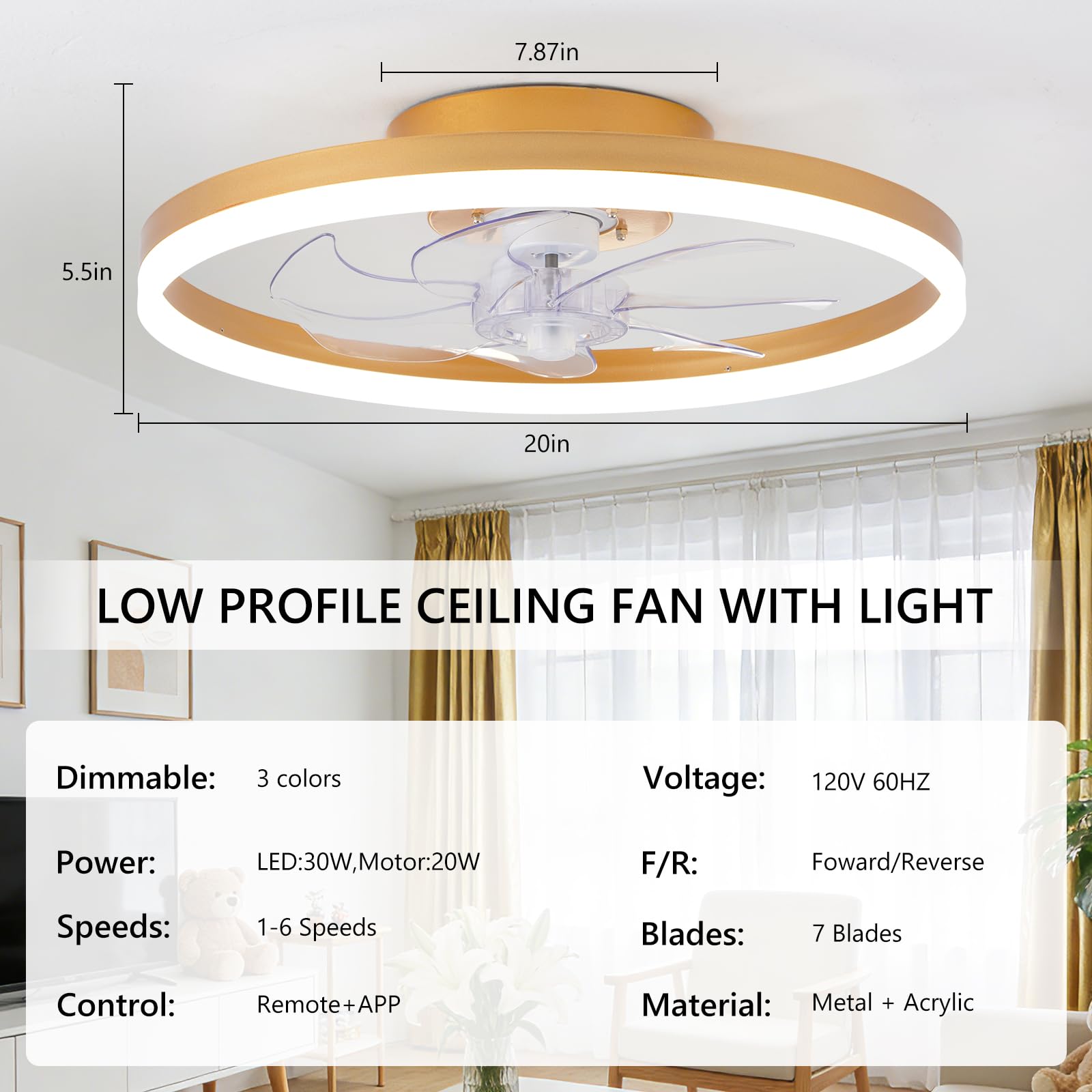 16 Inch RGB Low Profile Ceiling Fans with Lights, Modern Flush Mount Fandelier Chandelier Fixture, Remote & APP Control, Black LED Ceiling Fan Light for Bedroom, Living Room, Kitchen Indoor