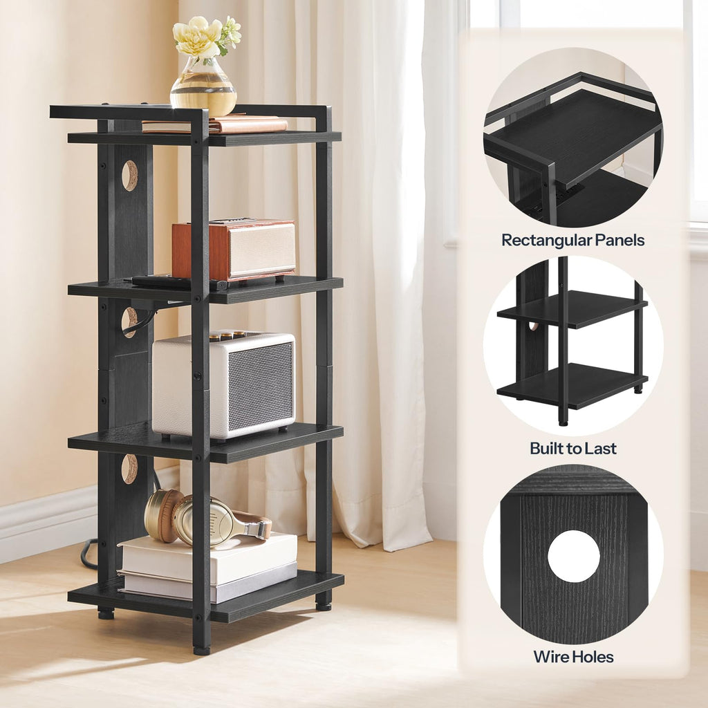 HOOBRO Game Console Shelf, 4-Tier Video Gaming Consoles Stand with Outlet & RGB Light, Audio Rack Tower for Turntable, Stereo Equipment, Wooden Entertainment Storage Stand, Black BB38UDCJ01