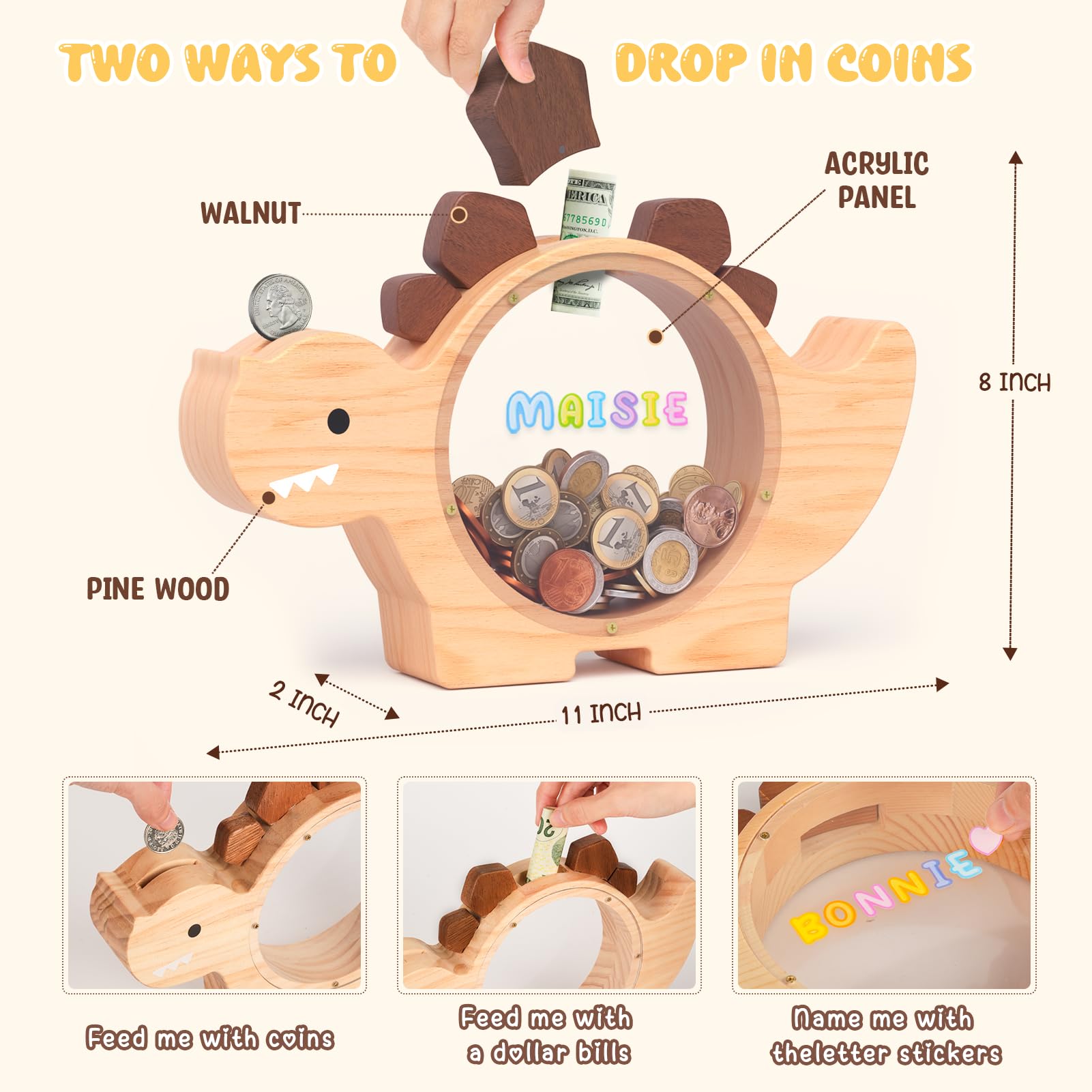 Summidate Wooden Dinosaur Piggy Bank for Kids Boys, Cute Wood Dino Money Bank for Toddlers, Creative Saving Coin Jar, Personalized Present for Child Birthday & Decor (Brachiosaurus, Custom)