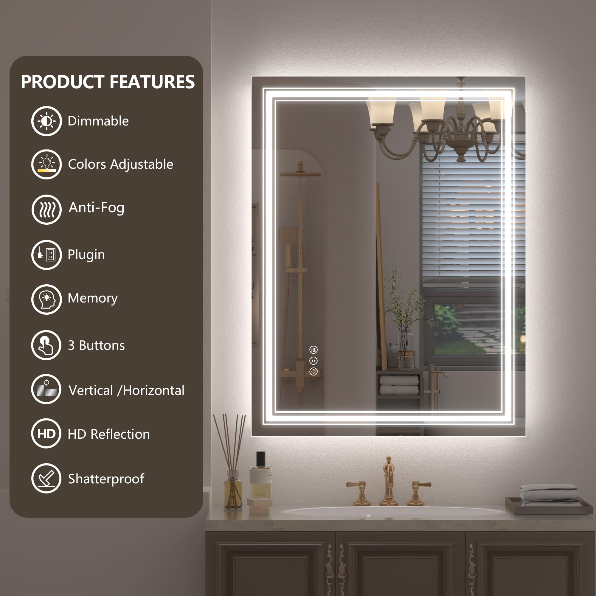 20x28 LED Bathroom Mirror, Vanity Mirror with Lights, Backlit and Front lit Mirror for Wall, Dimmable, Anti-Fog, Shatterpoof, Memory (Horizontal/Vertical)