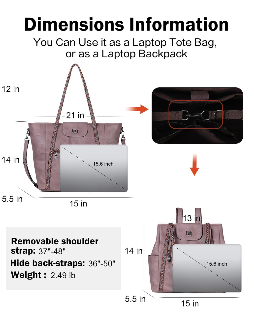 FADEON Large Laptop Tote Bag for Women Designer Leather Laptop Bag Fashion Travel Backpack Purse Shoulder Handbag
