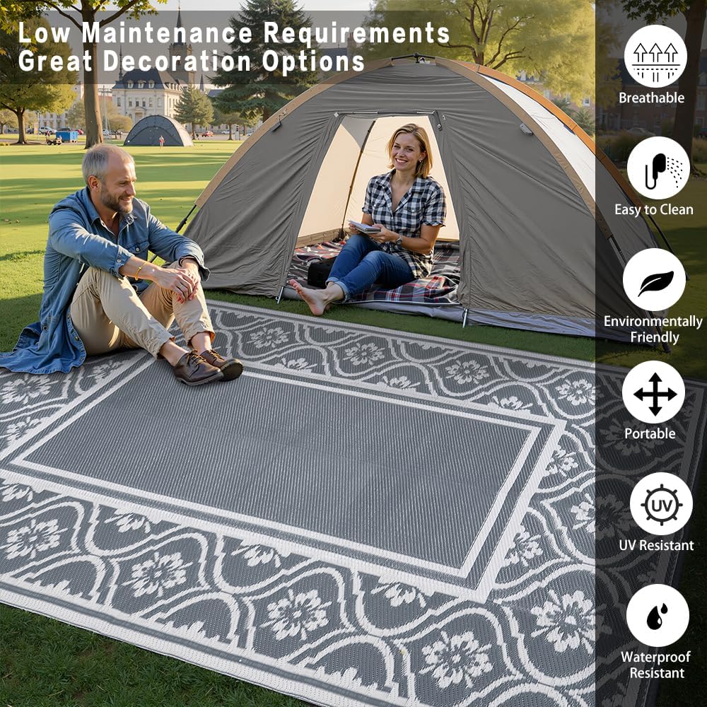 HUGEAR Outdoor Patio Rug 3'x5' Waterproof Outside Area Rugs Blue Reversible Plastic Straw Carpet for RV Deck Camping Entryance Porch Picnic Balcony Beach