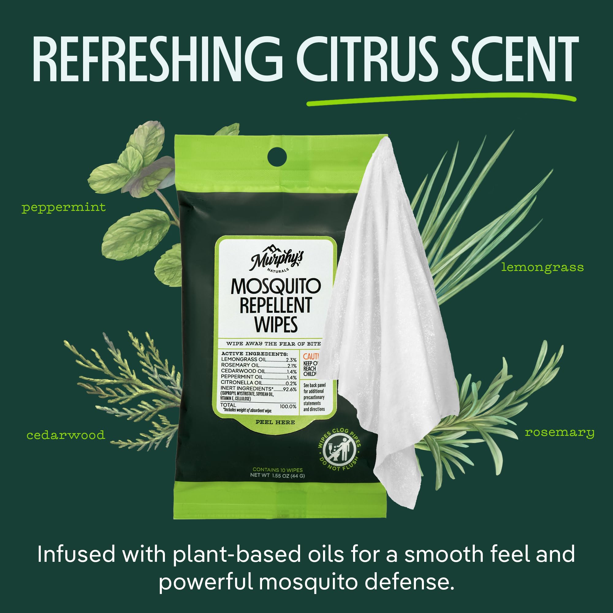 Murphy’s Naturals Mosquito Repellent Wipes, Improved Resealable Pack, Plant-Based Lemongrass & Rosemary, 10 Wipes, 3-Pack