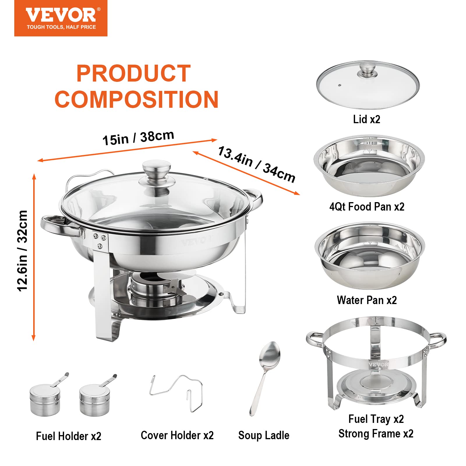 VEVOR Chafing Dish Buffet Set, 5 Qt 4 Pack, Stainless Steel Chafer with 4 Full Size Pan, Round Catering Warmer Server with Glass Lid Water Pan Folding Stand Fuel Holder, for Wedding Banquet, Gold