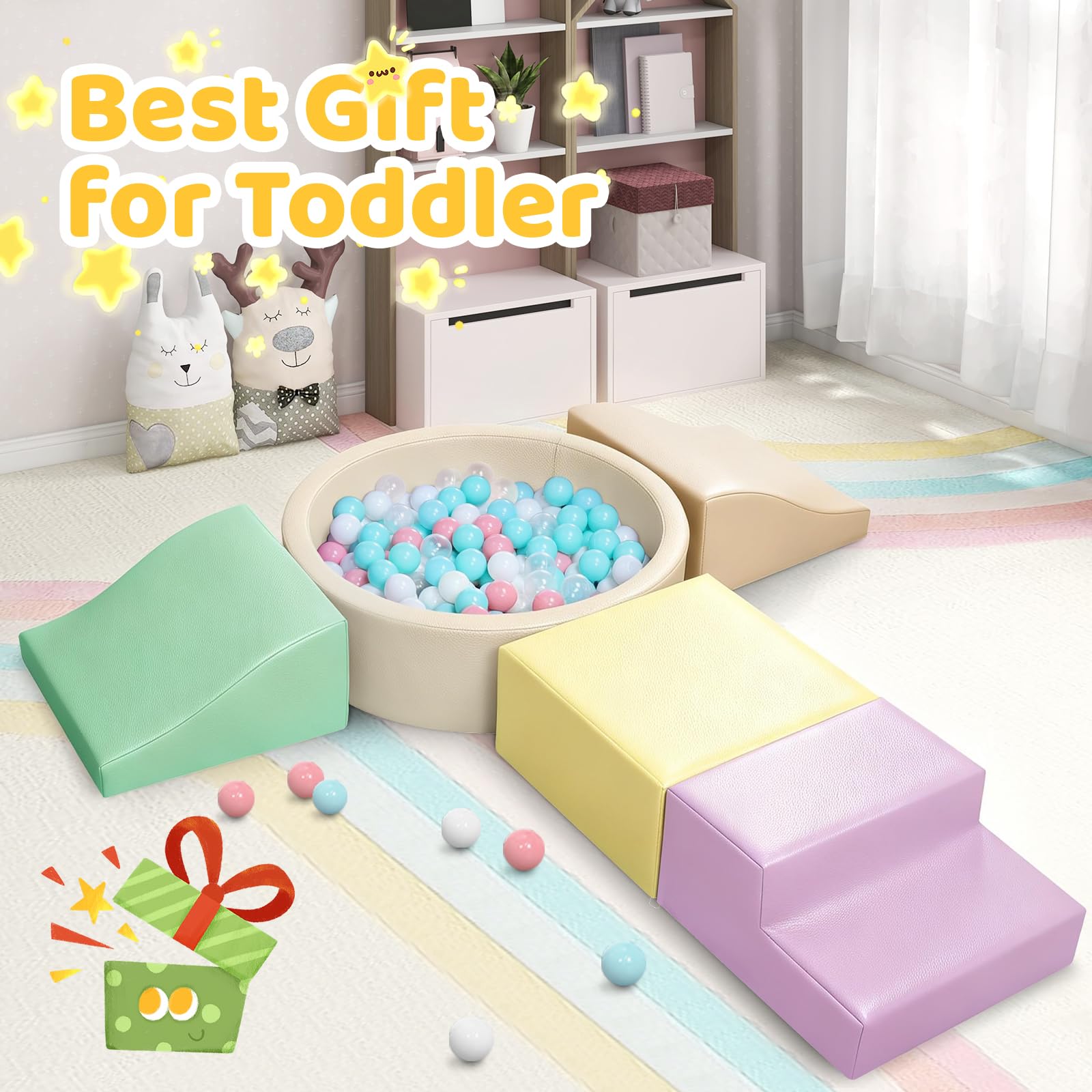 Foam Climbing Blocks for Toddler: with 4-Piece PU Leather Climbing Toys and a Ball Pit - Foam Ball Pit for Toddlers - Climbing Toys Indoor for Kids Crawling (Beige/Ivory Climbing Blocks)