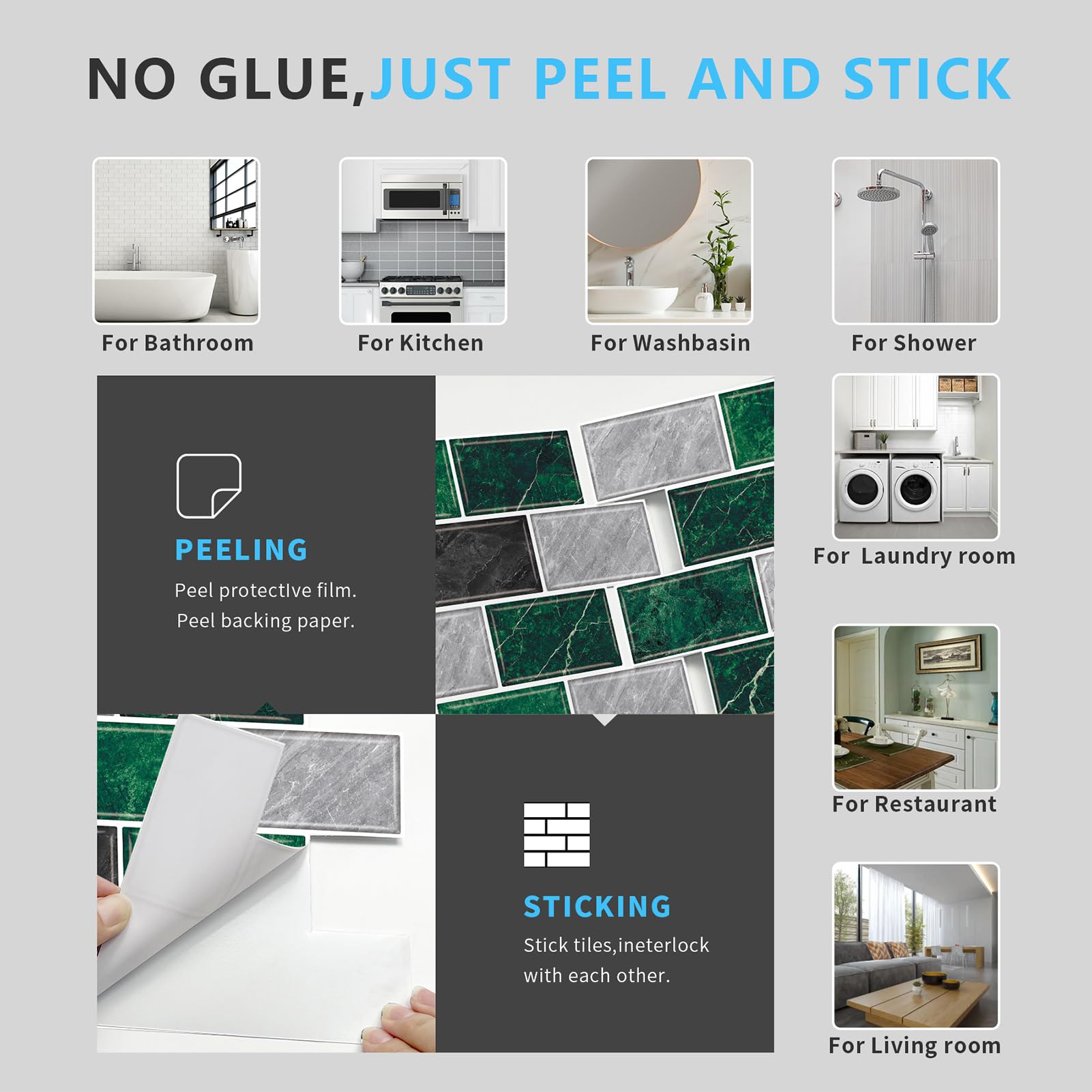 URCOLOR 10-Sheet Back Splashes for Kitchens Peel and Stick,12"x12" Self Adhesive Subway Wall Tiles Stick on backsplash Tiles for Bathroom Black Marble
