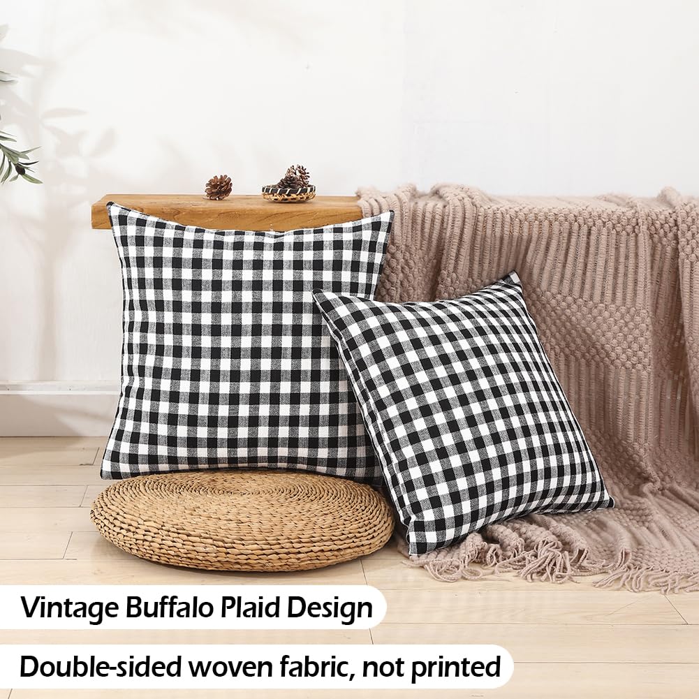 CARRIE HOME Black and White Buffalo Plaid Outdoor Pillow Covers 16x16 Set of 2, 16 x 16 Modern Farmhouse Decor Couch Pillows, Black White Winter Christmas Holiday Plaid Pillows (No Pillow Inserts)