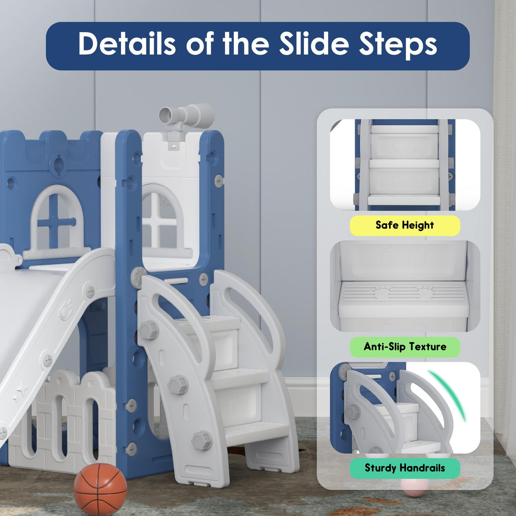 LulliSpace 6 in 1 Toddler Slide,Kids Playset for Toddlers Indoor Outdoor, Baby Slide with Basketball Hoop, Telescope & Storage Space,Non-Slip Steps for Great Gift