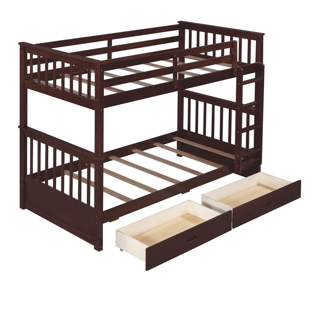 Merax Wood Bunk Bed with Two Drawers,Convertible Wood Bunk Bed with Ladders and Two Storage Drawers,Solid Wood Detachable Bed Frame with Ladders, Twin Over Full Size, Espresso