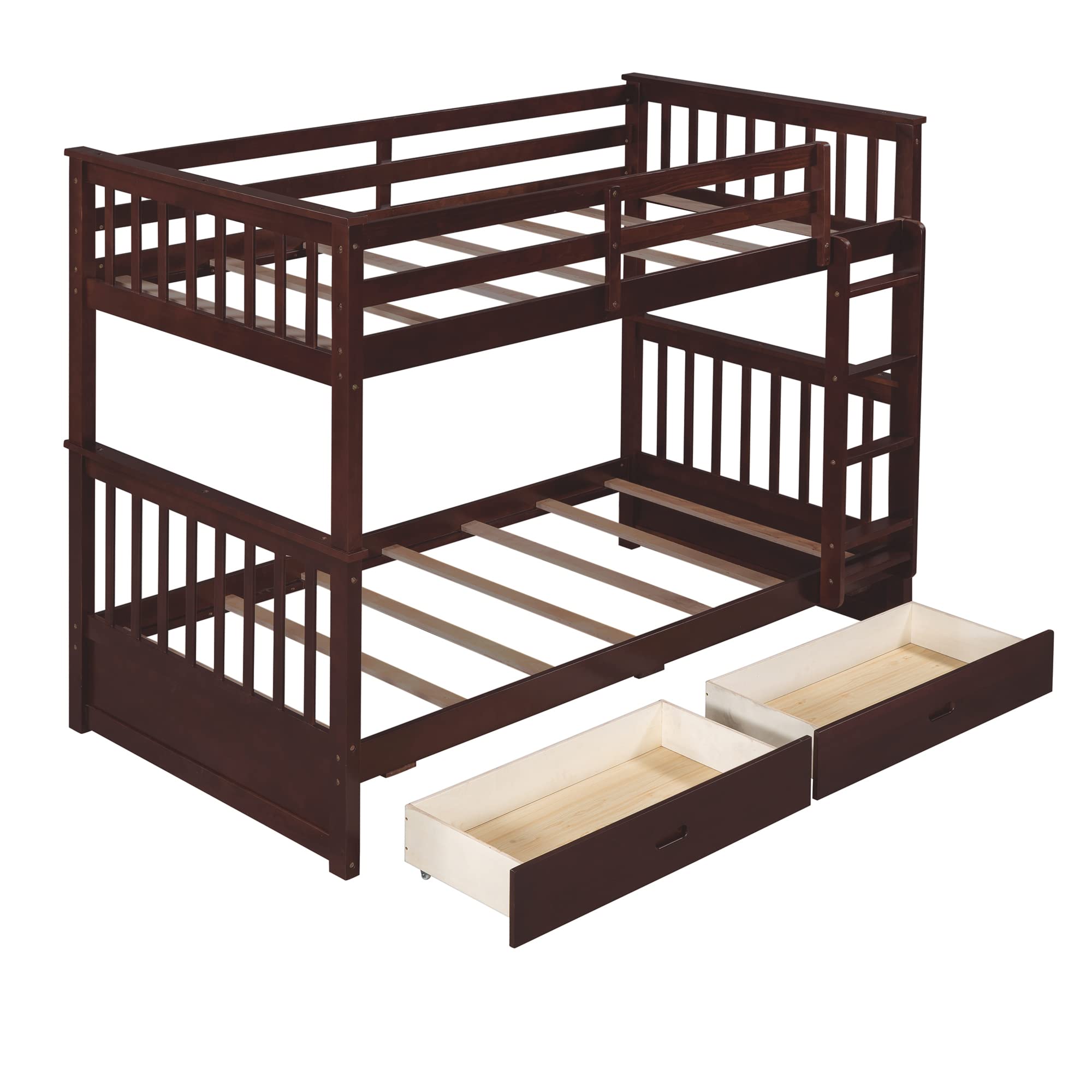 Merax Wood Bunk Bed with Two Drawers,Convertible Wood Bunk Bed with Ladders and Two Storage Drawers,Solid Wood Detachable Bed Frame with Ladders, Twin Over Full Size, Espresso