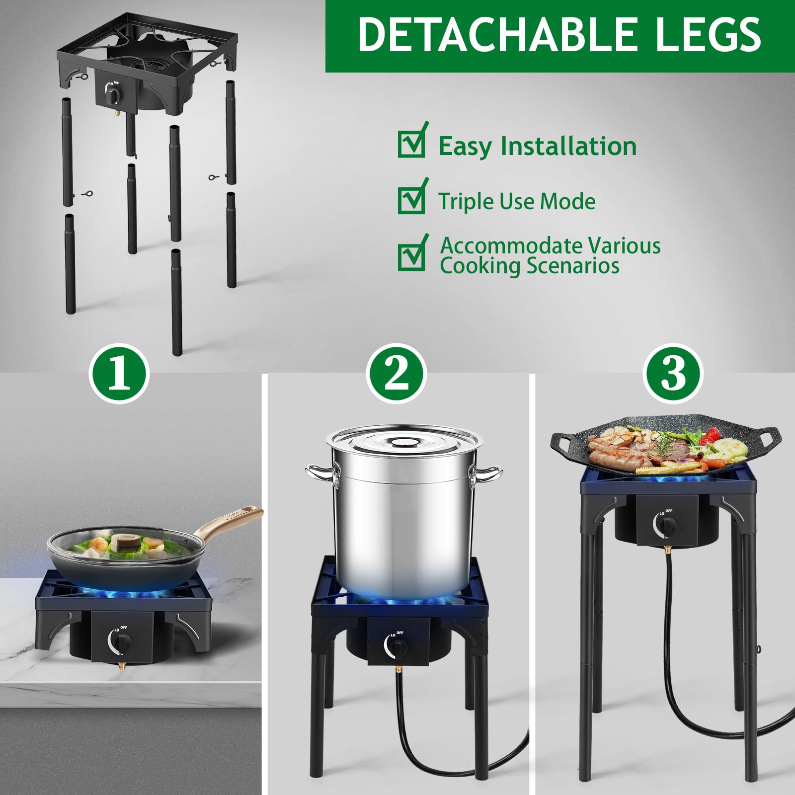 Outvita 2 Burner Propane Gas Stove for Outdoor Cooking, 150,000 BTU Camping Cooker with Removable Legs, Temperature Control Knobs for Backyard Cooking, BBQ, Baking and Frying