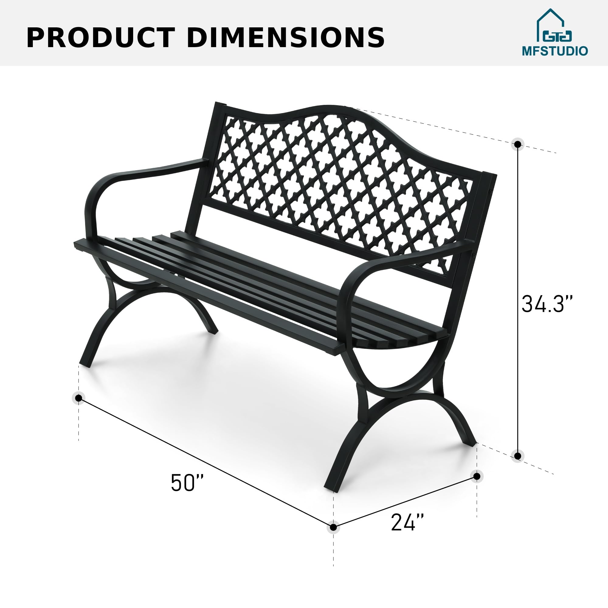 MFSTUDIO 50 Inches Outdoor Garden Bench, Cast Iron Metal Frame Patio Park Bench with Floral Pattern Backrest, Arch Legs for Porch Lawn Garden Yard(Black)