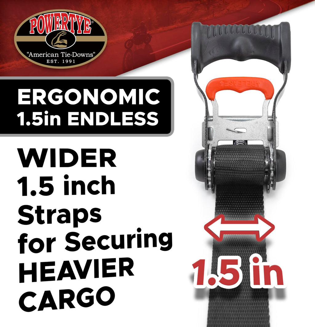 PowerTye 1in x 4ft Easy-Grip Light-Duty Endless Ratchet (no Hooks) - 400 lb. Working Load Limit / 1,200 lb. Breaking Strength - Black 2-Pack