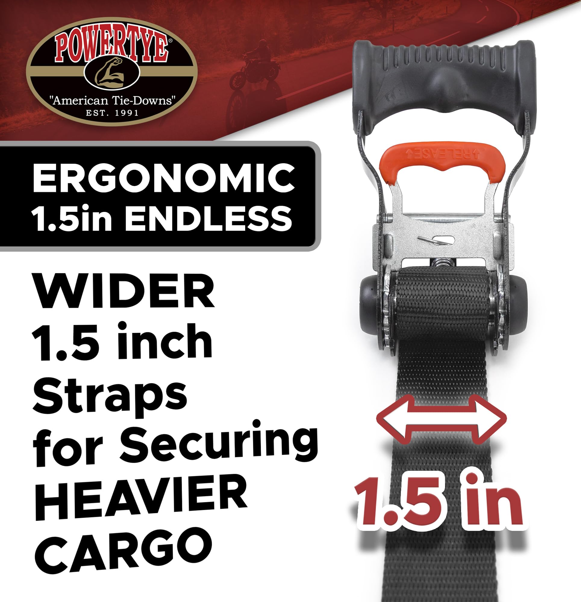 PowerTye 1in x 4ft Easy-Grip Light-Duty Endless Ratchet (no Hooks) - 400 lb. Working Load Limit / 1,200 lb. Breaking Strength - Black 2-Pack