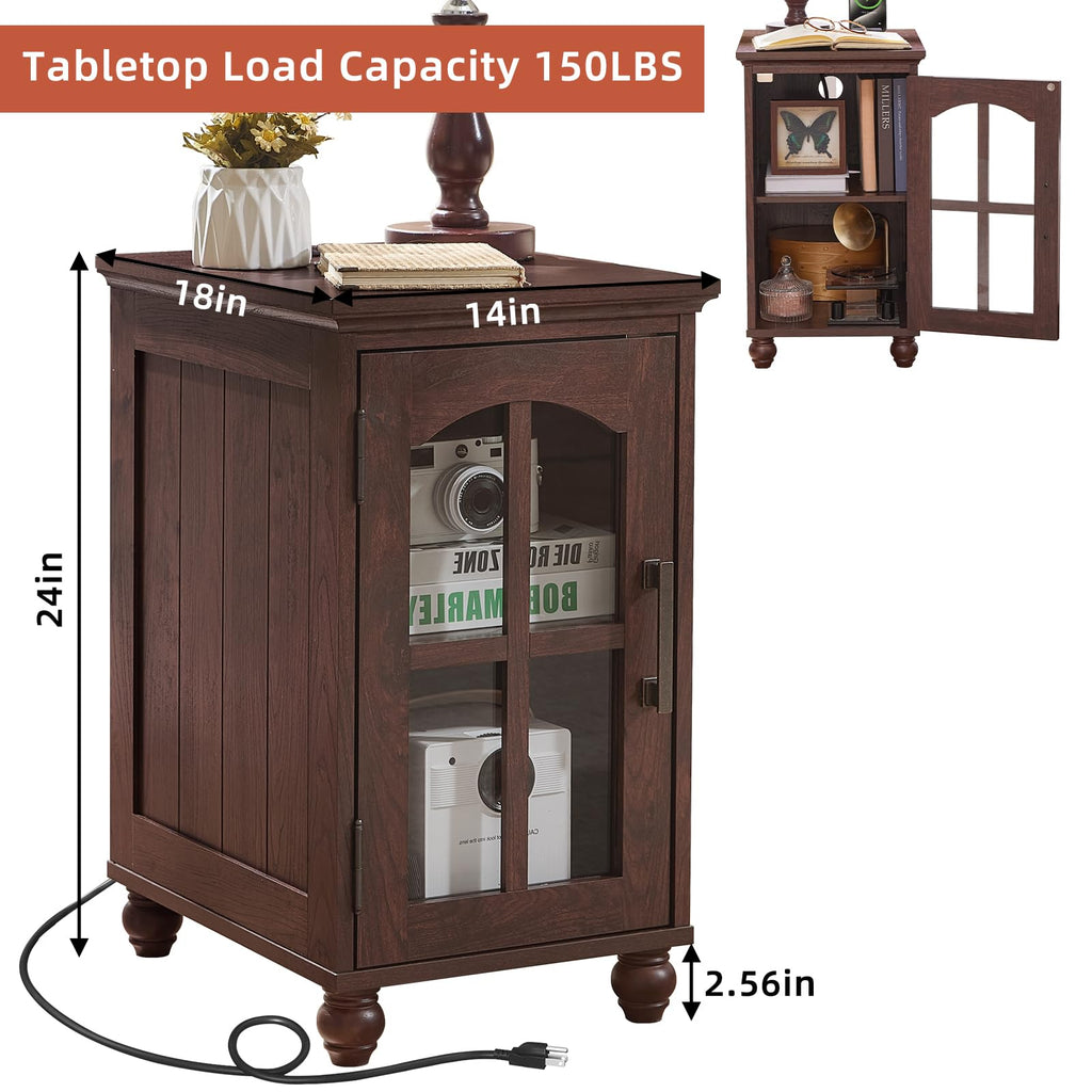 Narrow Side Table,Farmhouse Nightstand with Charging Station,Wood End Table with Glass Barn Door Storage, Cabinet Organizer with Adjustable Shelf, Night Stand for Small Spaces for Living Room Bedroom