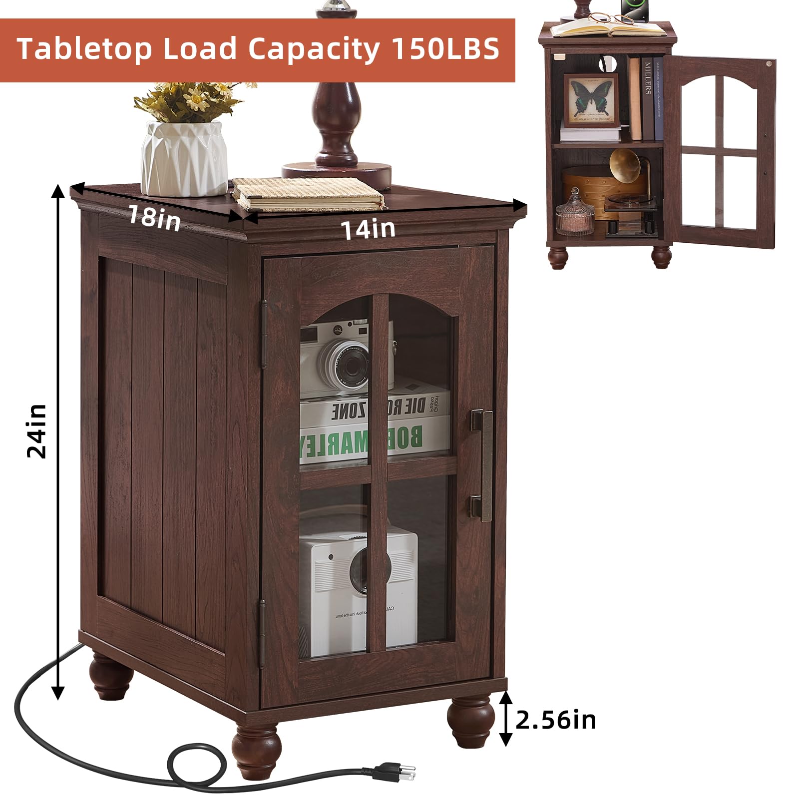 Narrow Side Table,Farmhouse Nightstand with Charging Station,Wood End Table with Glass Barn Door Storage, Cabinet Organizer with Adjustable Shelf, Night Stand for Small Spaces for Living Room Bedroom
