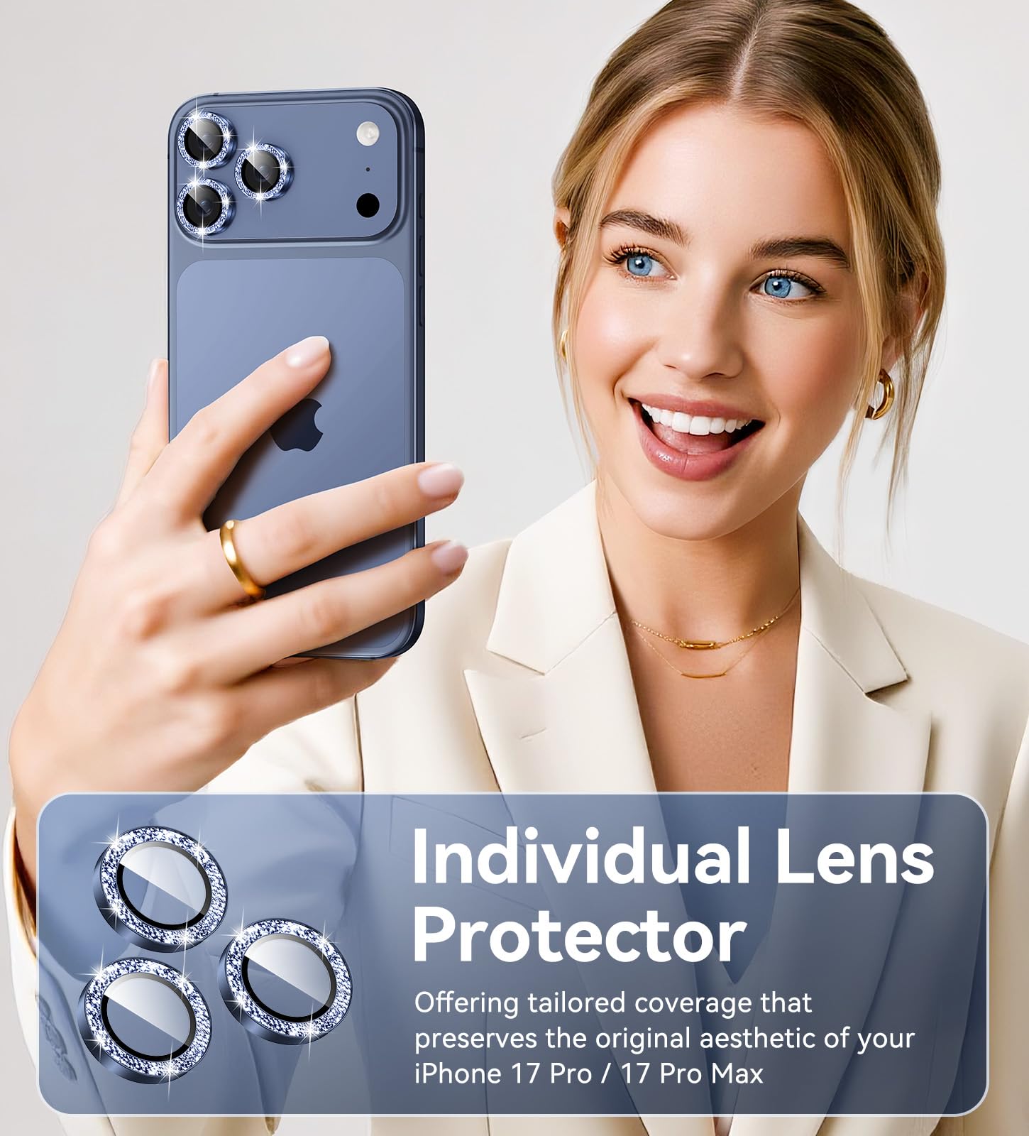 Matekxy Glitter Camera-Lens Protector for iPhone-16 Pro-Max - 16 Pro Anti-Scratch Tempered Glass with Aluminum Edging, Cute Girly Metal Individual Bling Ring Cover for Women, Black Titanium