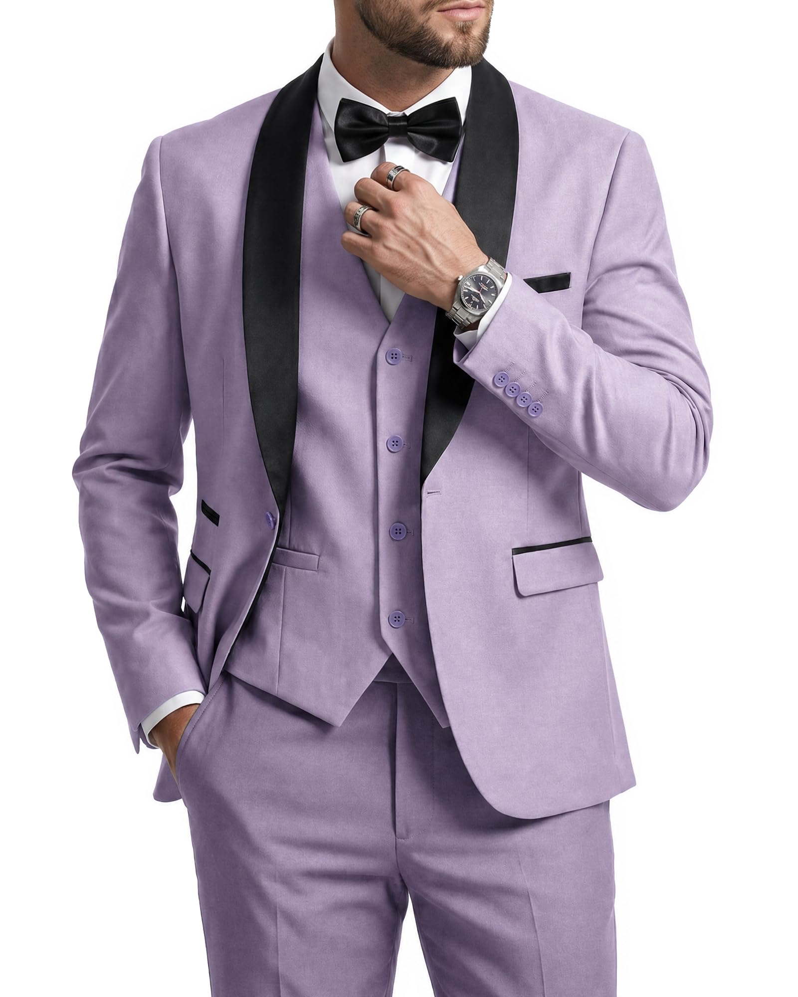 MrSure Men’s 3 Piece Slim Fit Suit, One Button Shawl Lapel Tuxedo, Premium Dinner Jacket Vest Pants & Tie Set