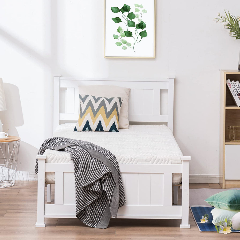 Bonnlo Twin Size Solid Wood Platform Bed Frame, Single Bed with Headboard, No Box Spring Needed Panel Bed, Wood Slat Support Mattress Foundation, White