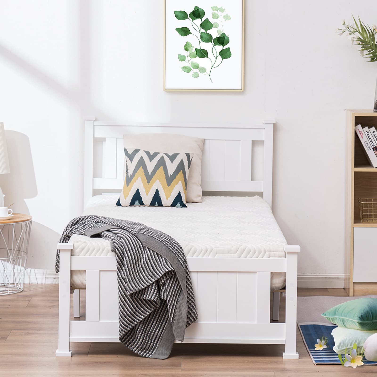 Bonnlo Twin Size Solid Wood Platform Bed Frame, Single Bed with Headboard, No Box Spring Needed Panel Bed, Wood Slat Support Mattress Foundation, White