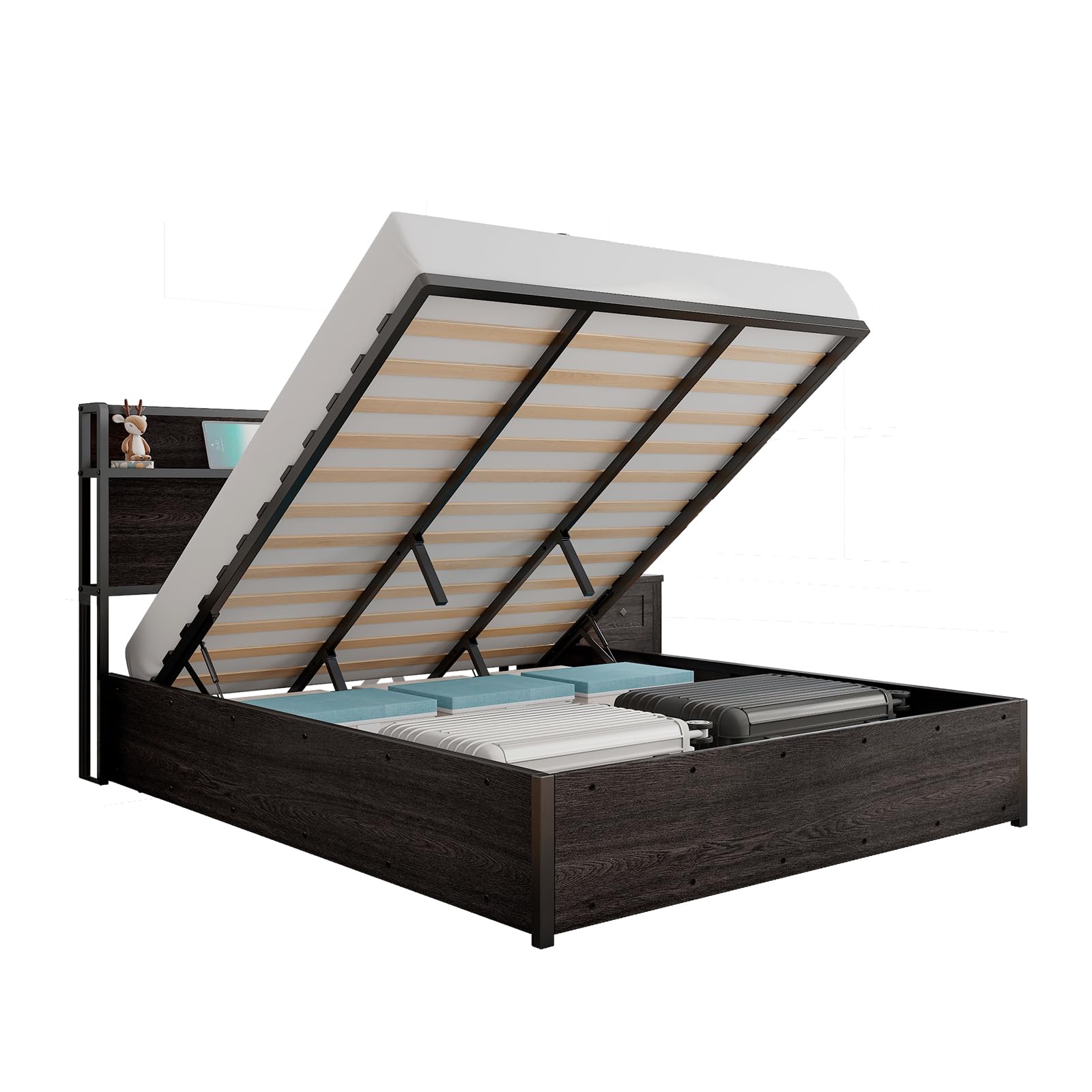 LUXOAK Full Size Lift Up Storage Bed, Wood Platform Bed Frame with Storage Headboard & Charging Station, No Box Spring Needed, Easy Assembly, Black
