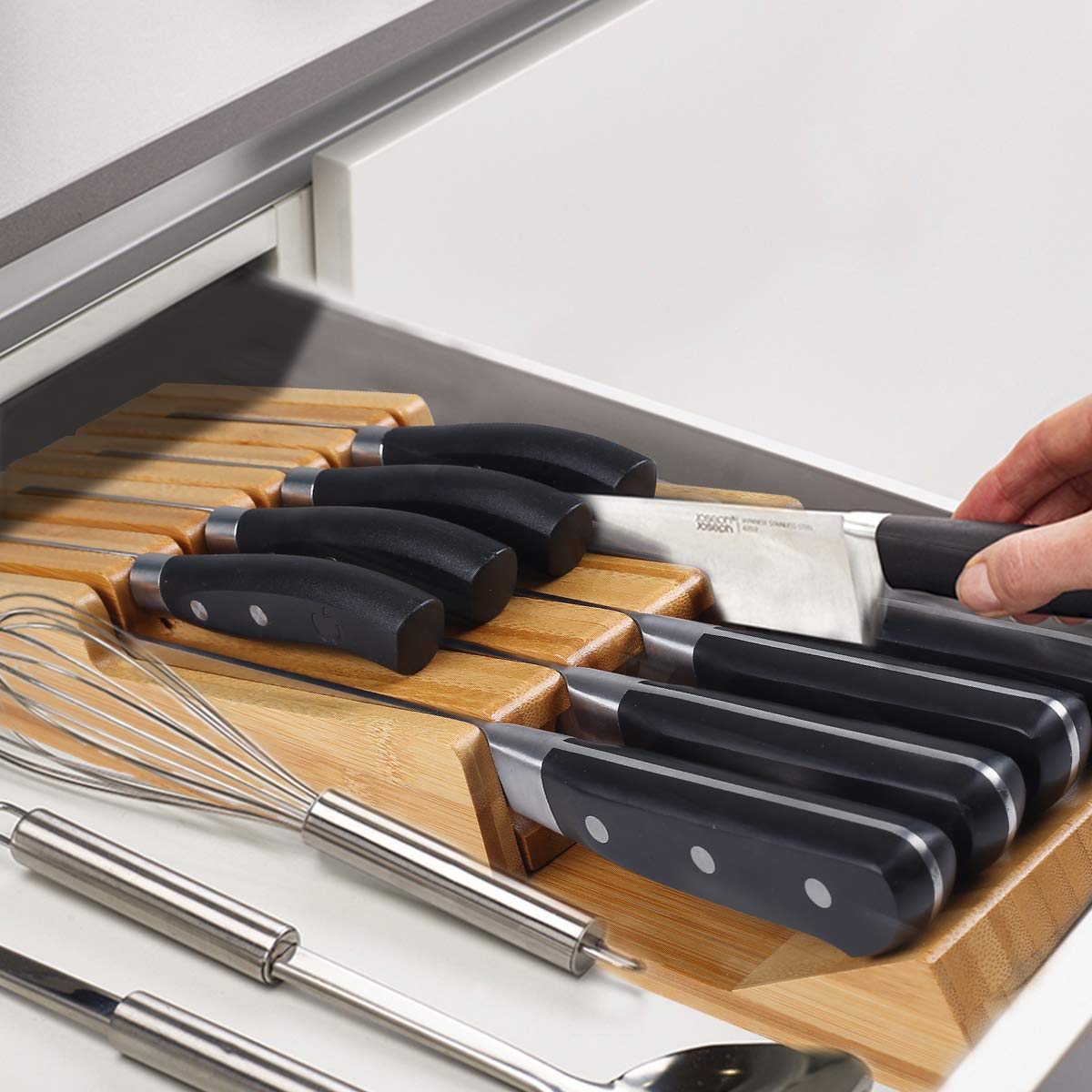 NIUXX Bamboo In-Drawer Knife Block Set for 9 Knives(Not Included), Large Kitchen Detachable Washable Cutlery Slot Organizer Storage Holder for Sharpening Steel and Cutter
