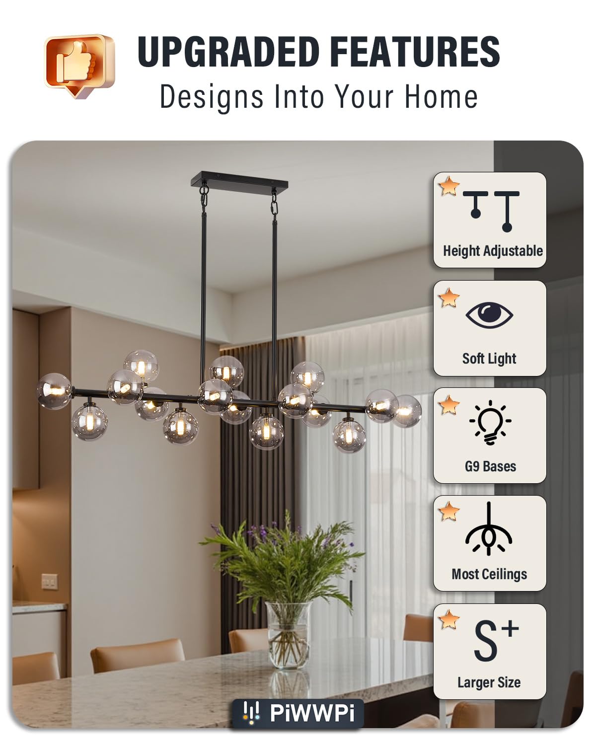 Modern Linear Chandeliers for Dining Room, 8-Light Globe Sputnik Pendant Ceiling Light, Black Dining Room Light Fixture Over Table, Mid Century Glass Milk White Bubble, 31.5 Inch, GC-09