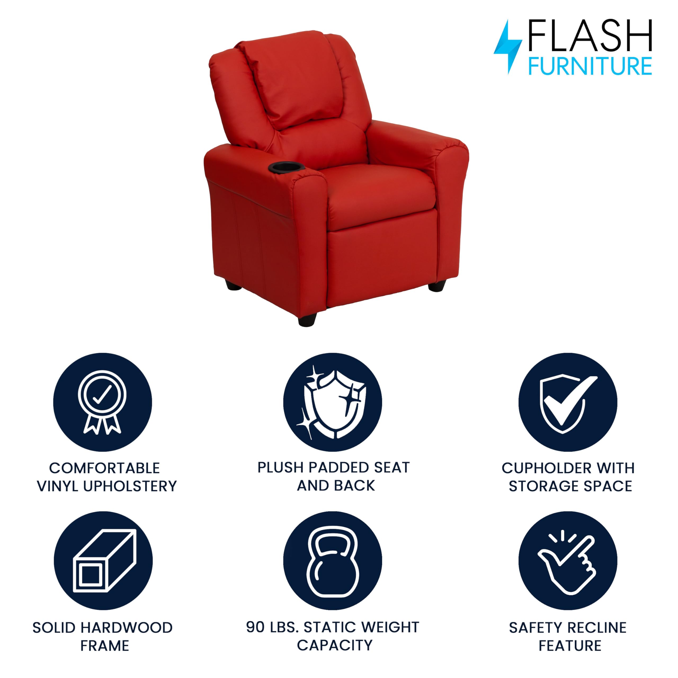 Flash Furniture Vana Vinyl Kids Recliner with Cup Holder, Headrest, and Safety Recline, Contemporary Reclining Chair for Kids, Supports up to 90 lbs., Beige