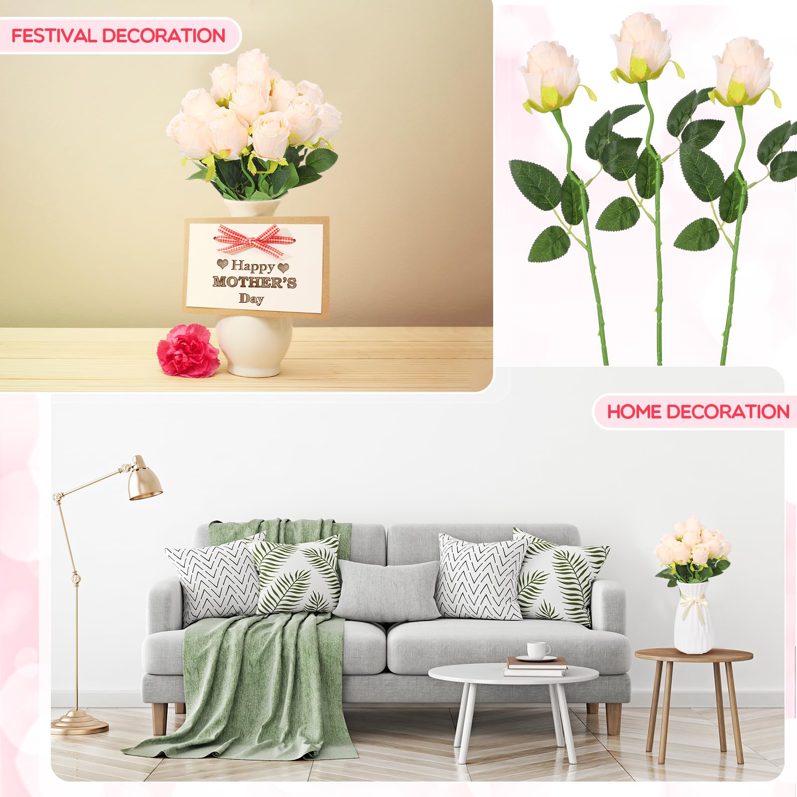 Jexine 100 Pieces Artificial Roses Flowers Bulk, Long Stem Realistic Fake Silk Roses Bouquet for Table Centerpiece Vases Wedding Party Kitchen Decor(Beige)