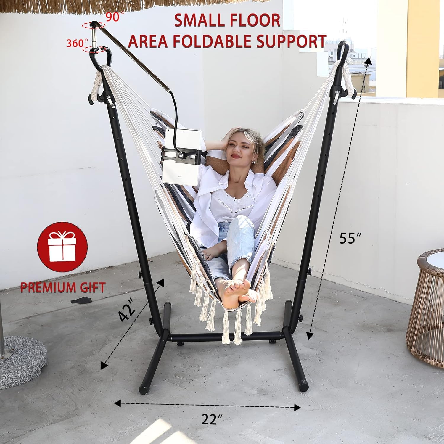ZEYU Hammock Chair with Stand Double Hammock Chair Bohemian Style with Tassel Mobile Phone Support Manual Adjustable Swing Indoor and Outdoor Garden Porch with Floor mat Reclining Capacity 400 pounds