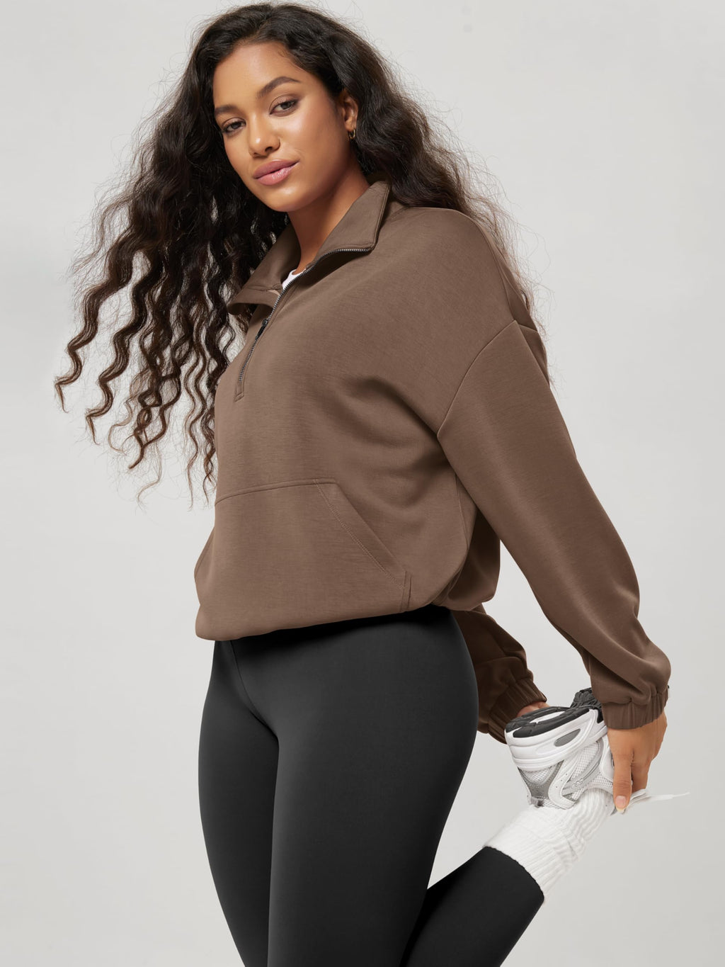 ODODOS Women's Modal Soft Cinchable Sweatshirts Half Zipper Funnel Neck Oversize Pullover with Pockets