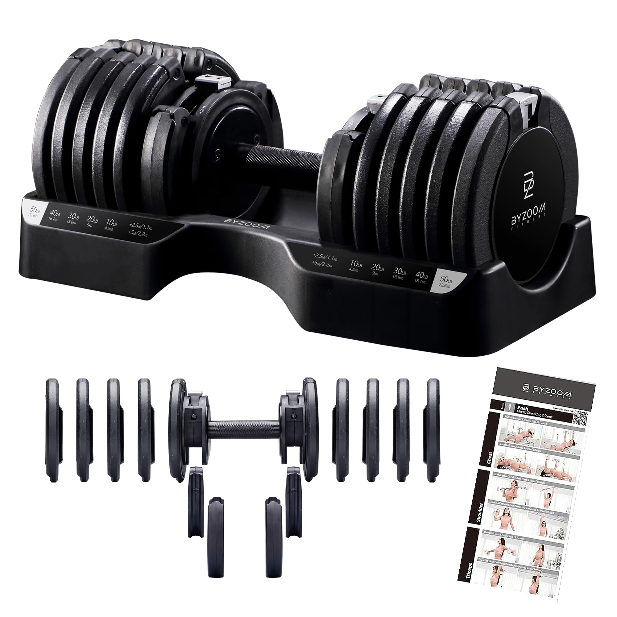 BYZOOM FITNESS Pure Series Adjustable Dumbbell - 12.5/25/27.5/50/55/75lb - ONE UNIT OR PAIR(check QTY before purchase) - 5-in-1/ 10-in-1 / 15-in-1 / 21-in-1 Flexible Hand Weights for Home Apartment Garage Gym, Strength Training & Fitness Workouts, White O