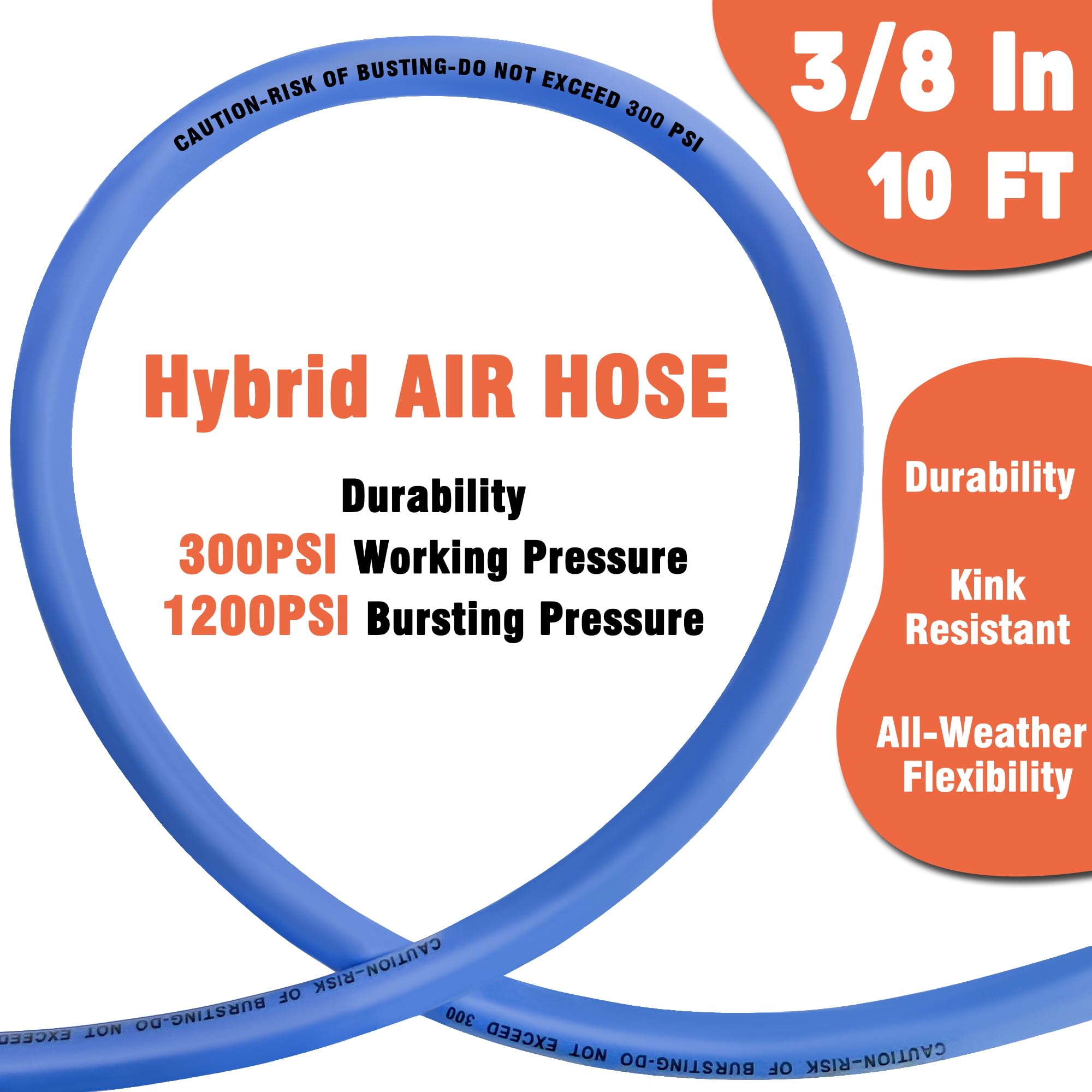 Air Compressor Hose 1/2 in, 300 PSI Heavy Duty Hybrid Air Hose with Quick Coupler and Plug Kit, Lightweight, Kink Resistant, All Weather Flexibility with Bend Restrictors, 6 Feet