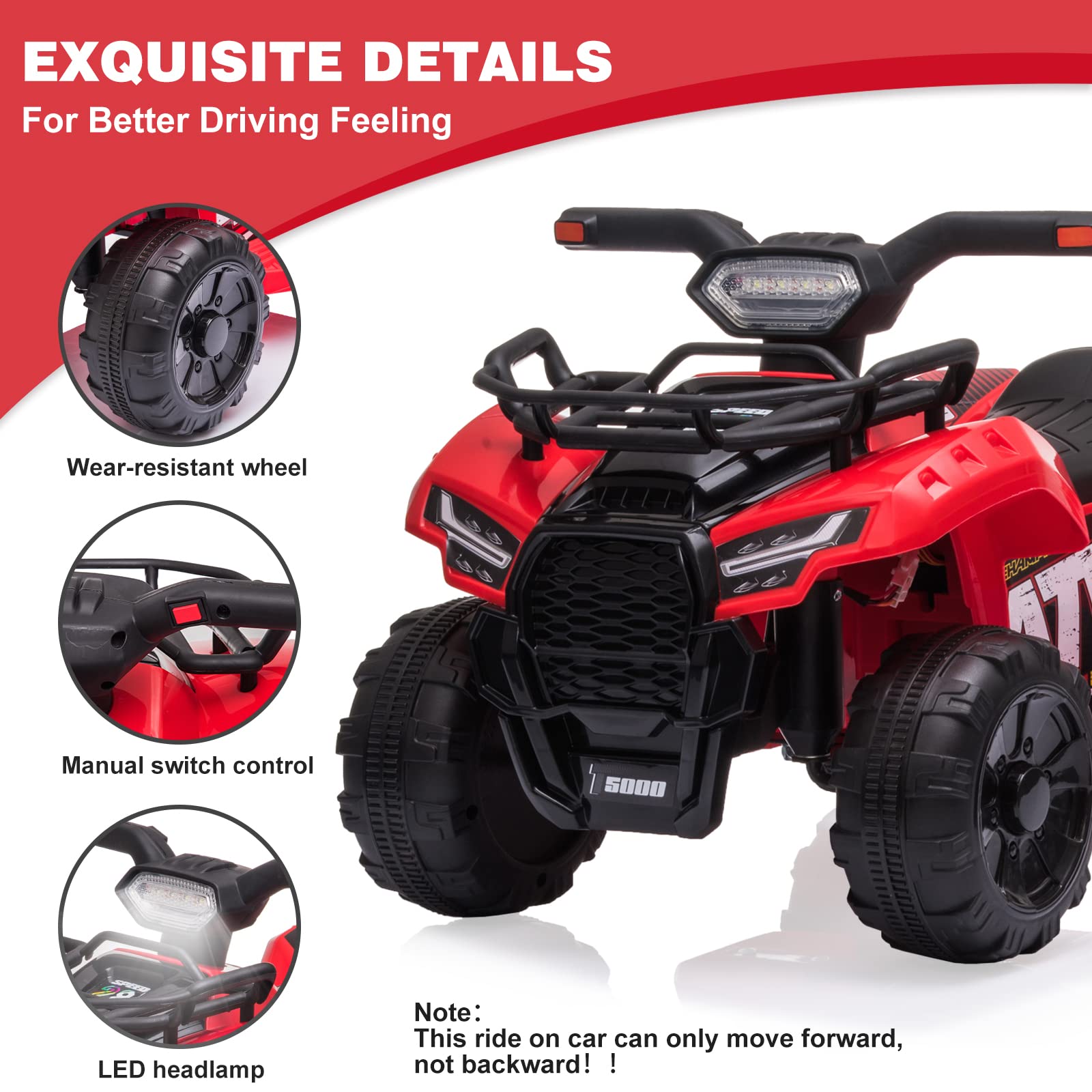 Kids Ride on ATV, 6V Battery Powered Kids Electric Vehicle, 4 Wheeler Quad w/Headlights, MP3, USB, Volume Control, Large Seat, Electric Ride on Toys Best Gifts for 18-36 Months Boys Girls (Black)