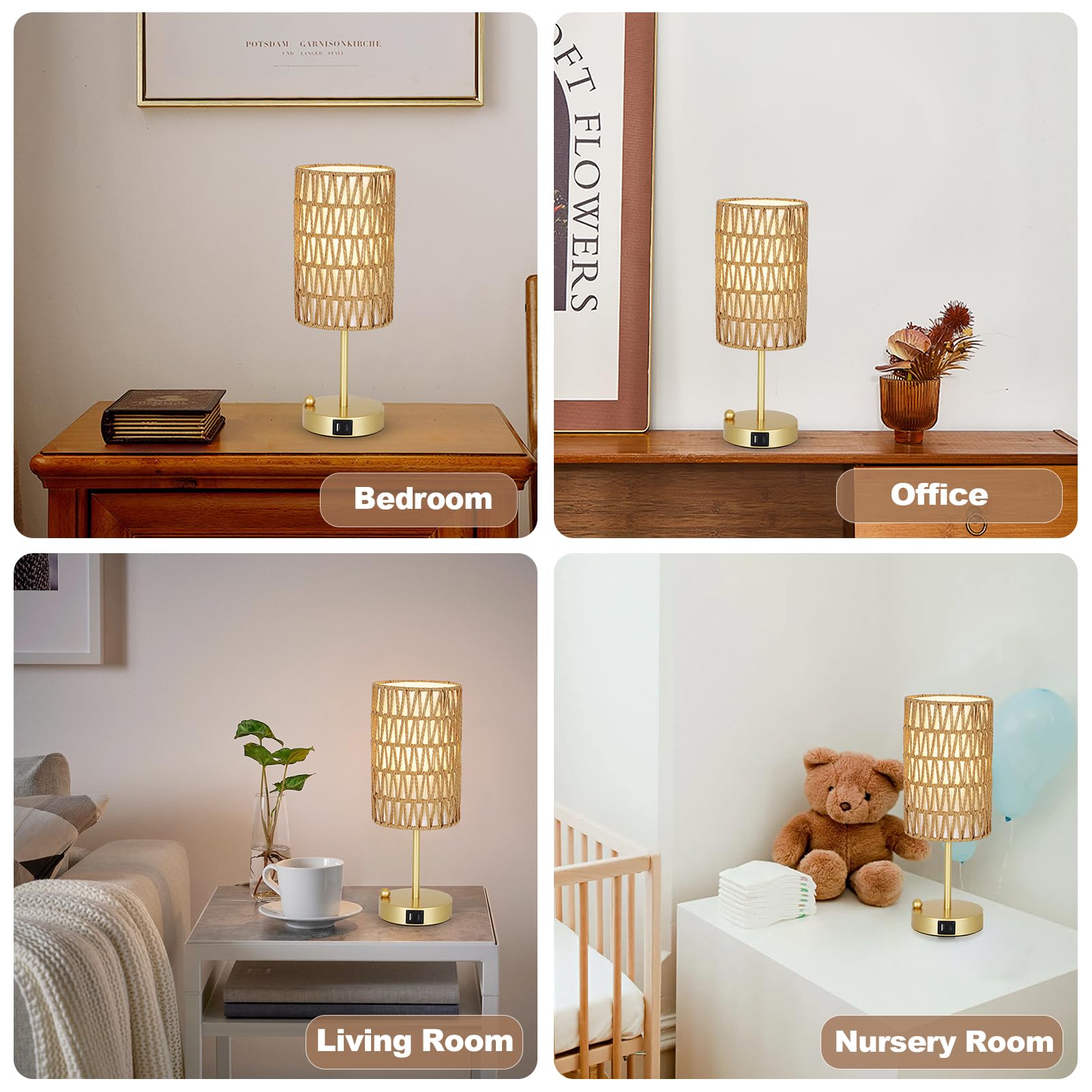 Rattan Bedside Table Lamps Set of 2 - Boho Lamps With 3 Color Temperatures & USB AC Port, Pull Chain Table Lamp For Bedroom, Cute Small Lamp For Nightstand Office Desk Bed Side End Table Living Room