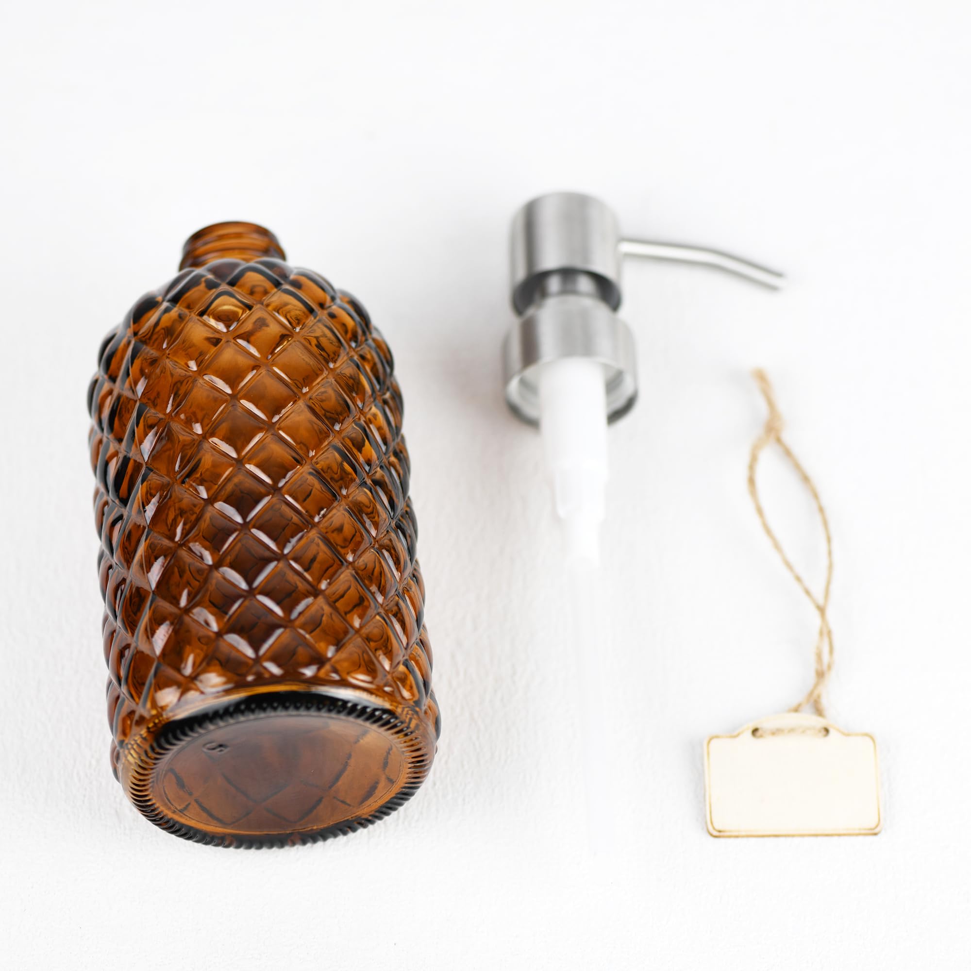 16 oz Diamond Pattern Glass Soap Dispenser, Kitchen and Bathroom Refillable Soap Dispenser with Rust Resistant Stainless Steel Pump for Hand Soap, Lotion Glass Liquid Dispenser(Amber)