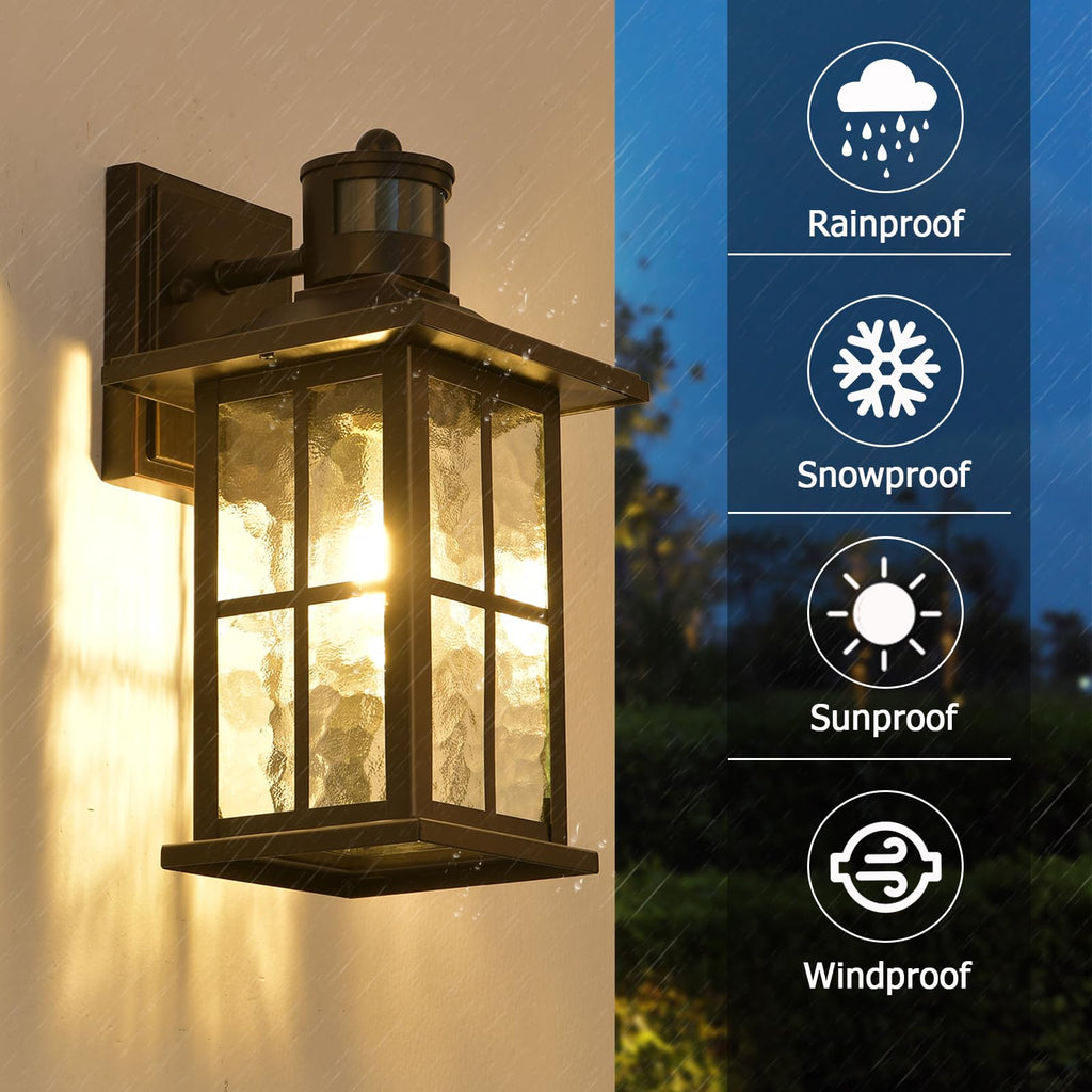 FLEDAVID Motion Sensor Outdoor Wall Light Fixtures Dusk to Dawn Exterior Porch Lantern White Outside Sconce Lighting Rustic Wall Mount Lamp with Water Ripple Glass for House Garage Patio Entryway