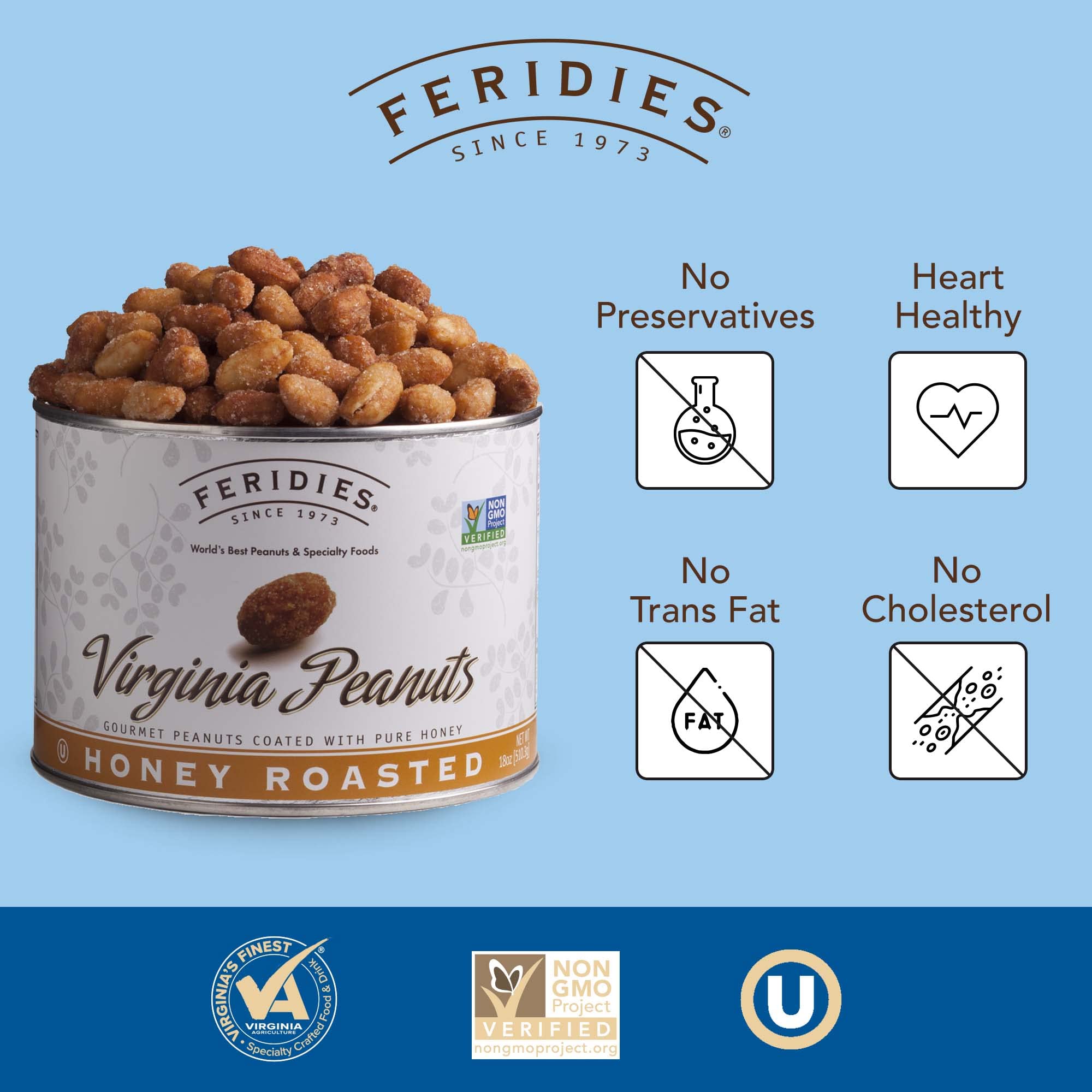 FERIDIES Honey Roasted Extra Large Giant Virginia Peanuts, 18oz Vacuum Can, Gourmet Snack 18oz (Pack of 1)