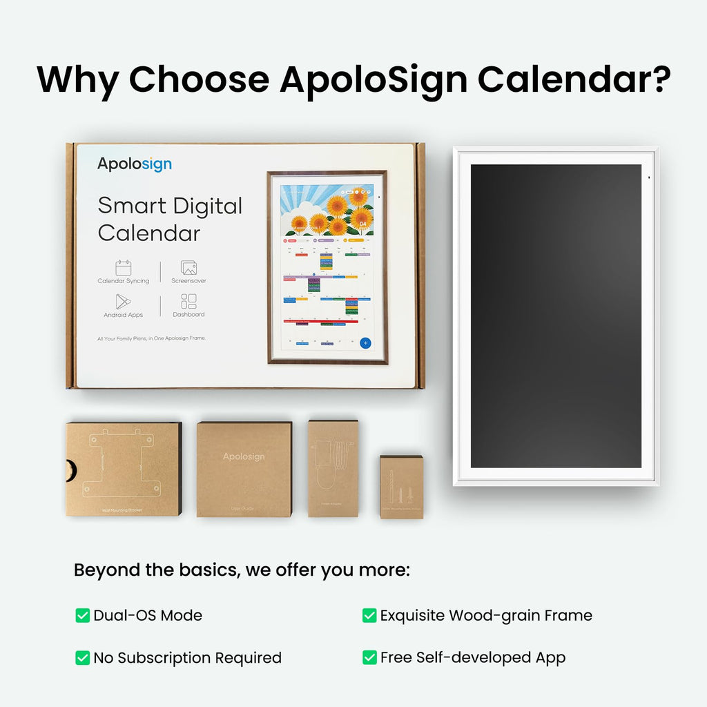 Apolosign 27-inch Digital Calendar & Smart Family Wall Planner, No Subscription, Calendar & Dashboard Dual-Mode System, Shared Touchscreen Display with Calendar Sync, Chore Charts & Family Scheduling Hub, Wall Mount Included (Black)