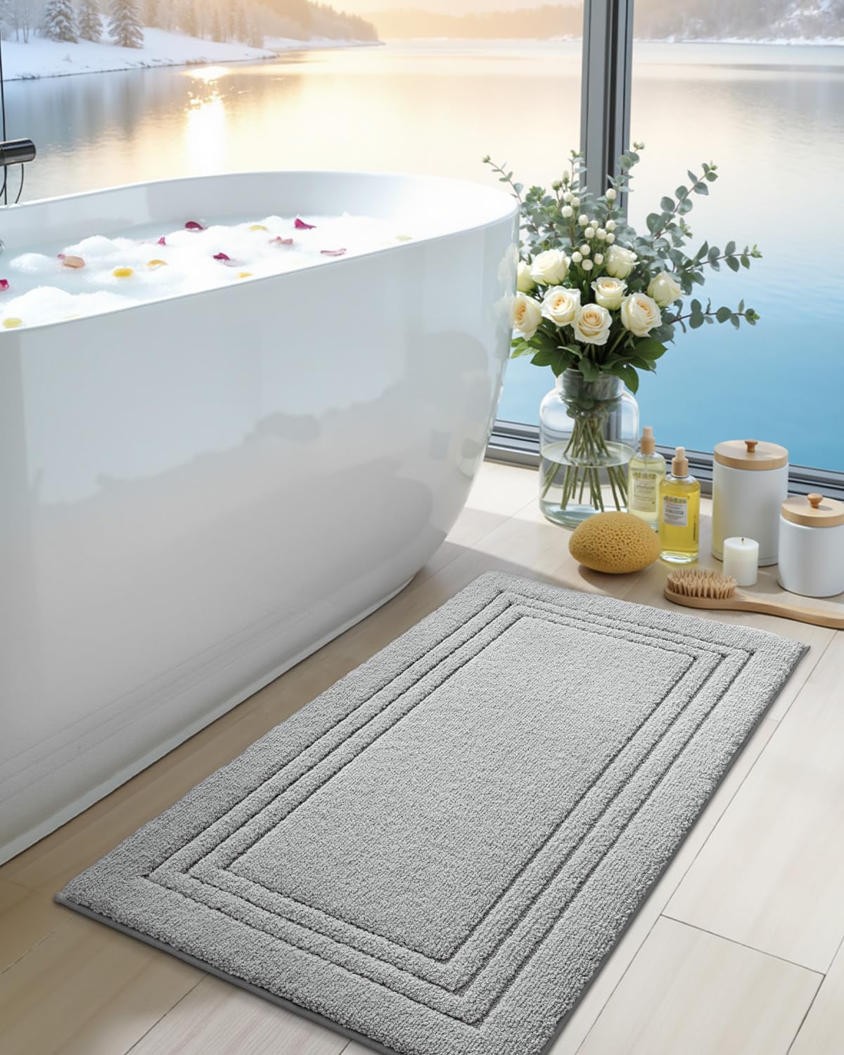 DEXI Bath Mats Bathroom Rug, 32x20 Non Slip Bathroom Rugs Washable, Absorbent Bathmat Quick Dry for Shower Floor Sink, Beige